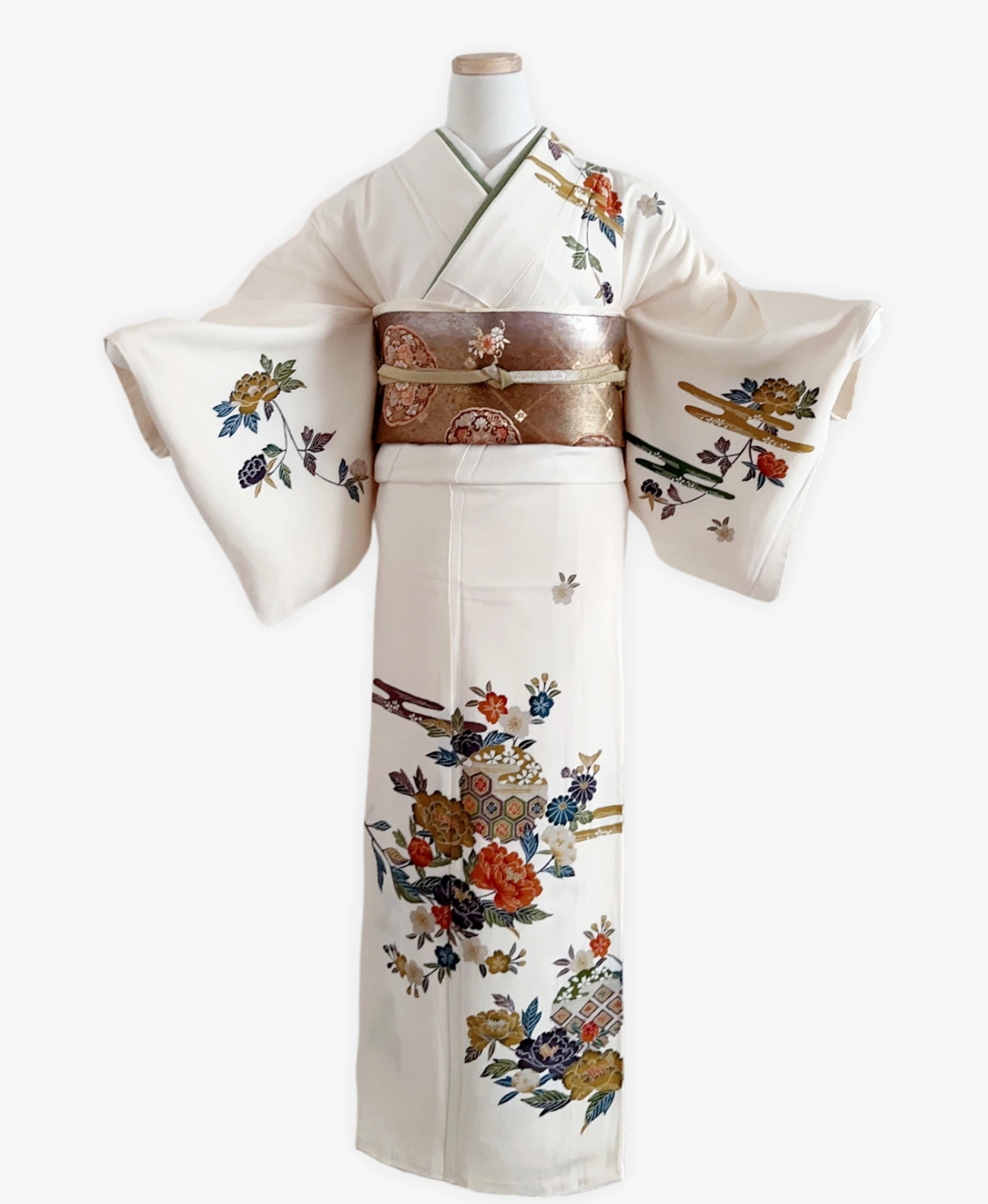 白色 白系 型染め 手描き 牡丹 花草 亀甲 訪問着レンタル - 画像 1