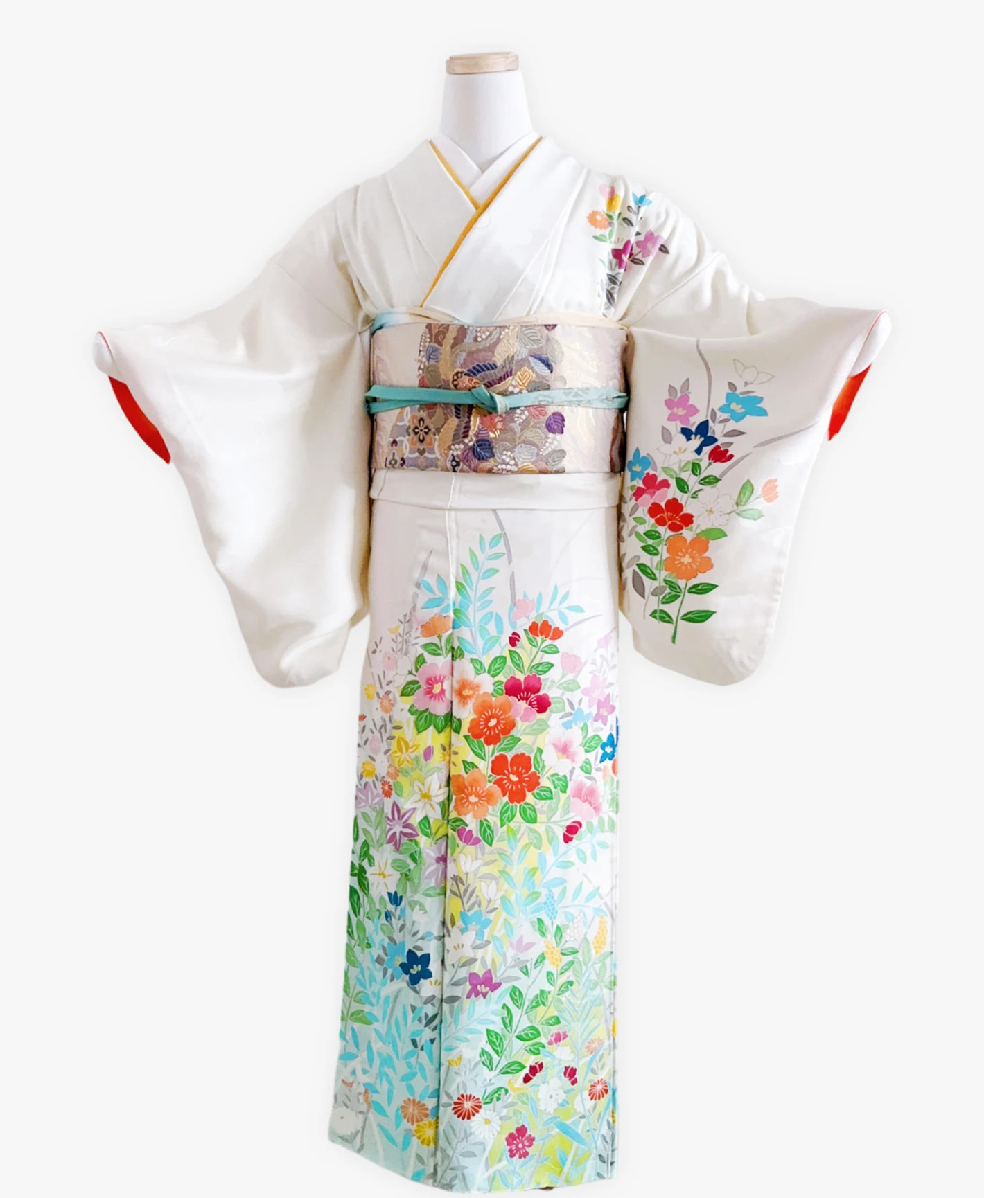 胡粉色 白系 暈し染め 手描き 友禅 四季 吉祥花 訪問着レンタル - 画像 1
