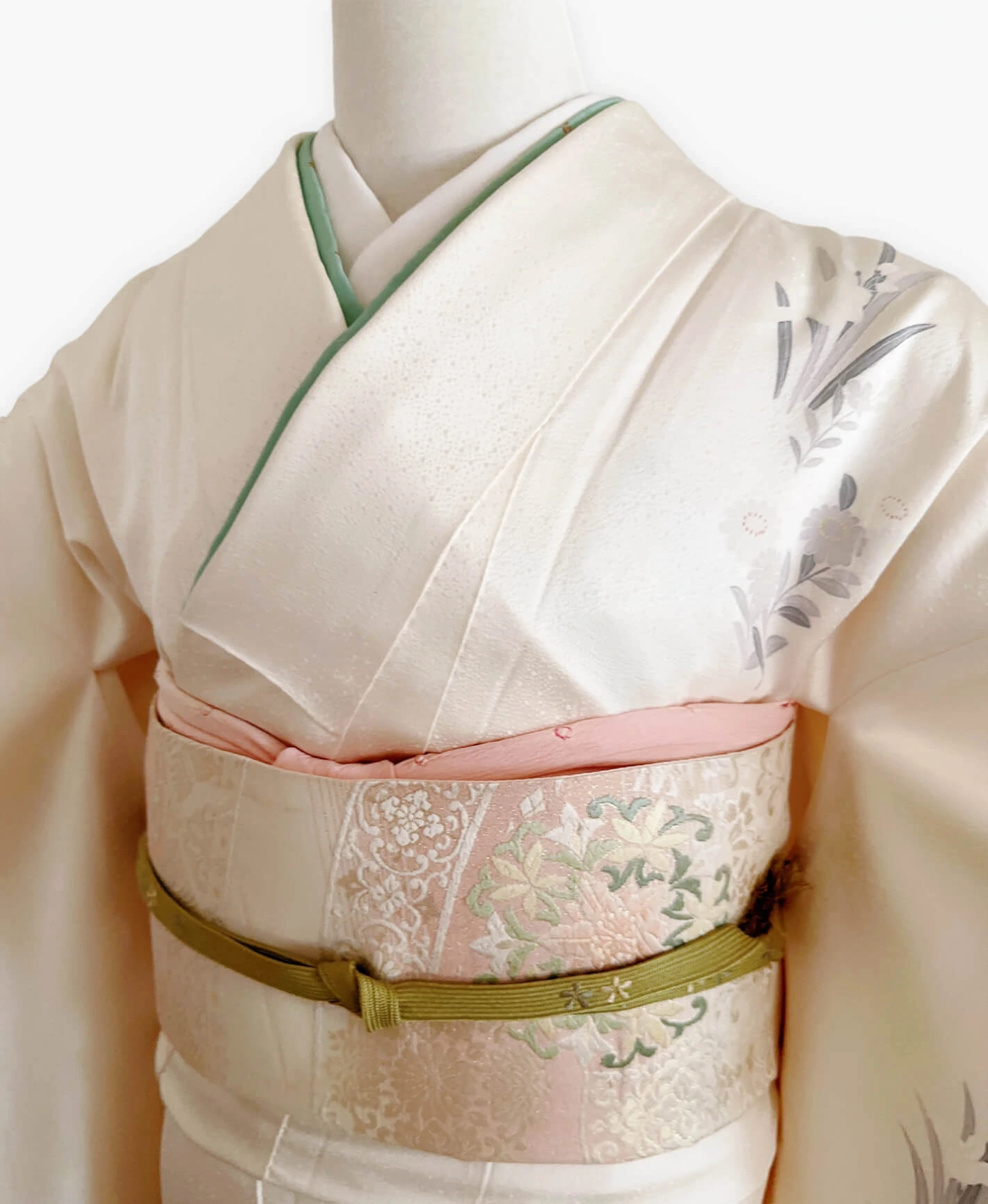 胡粉色 白系 暈し染め 手描き 友禅 四季 吉祥花 訪問着レンタル - 画像 3