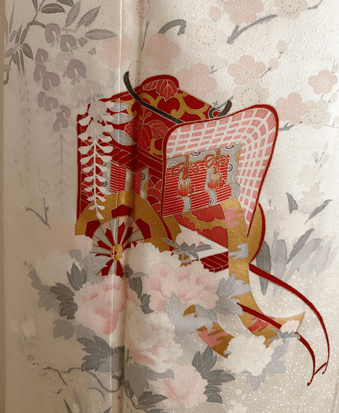 生成り色 白系 手描き 友禅 御所車 吉祥花 訪問着レンタル - 画像 5