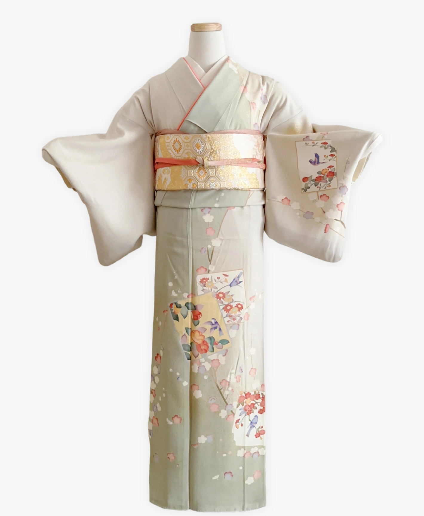 裏柳 綠系 暈し染め-金彩 枝梅 色紙花鳥文 訪問着レンタル - 画像 1