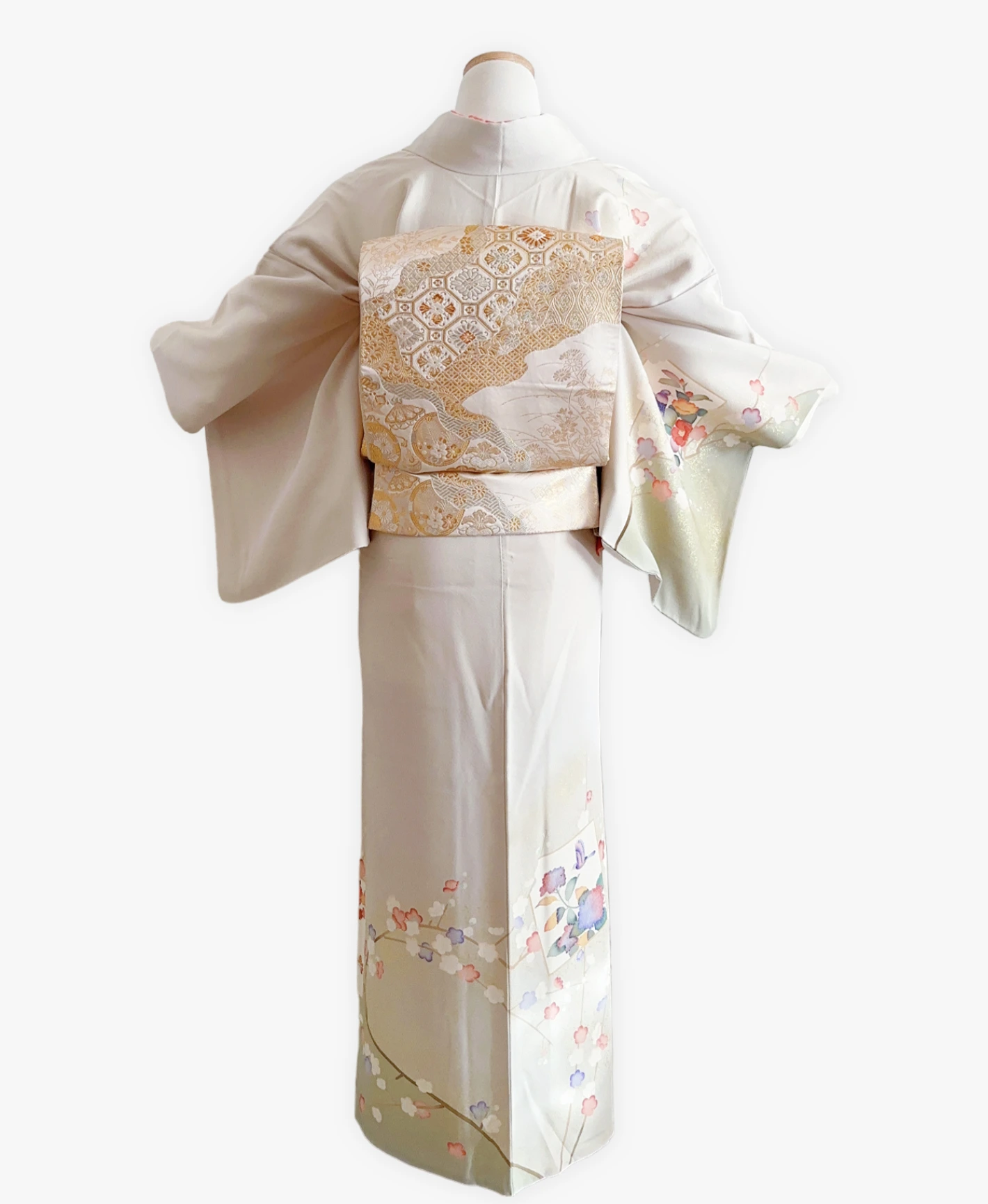 裏柳 綠系 暈し染め-金彩 枝梅 色紙花鳥文 訪問着レンタル - 画像 2