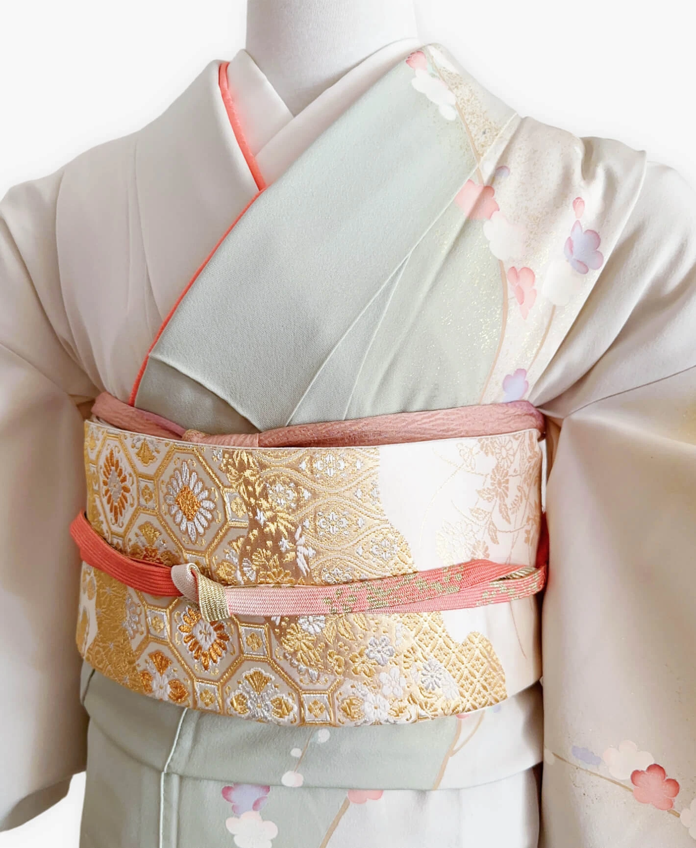 裏柳 綠系 暈し染め-金彩 枝梅 色紙花鳥文 訪問着レンタル - 画像 3