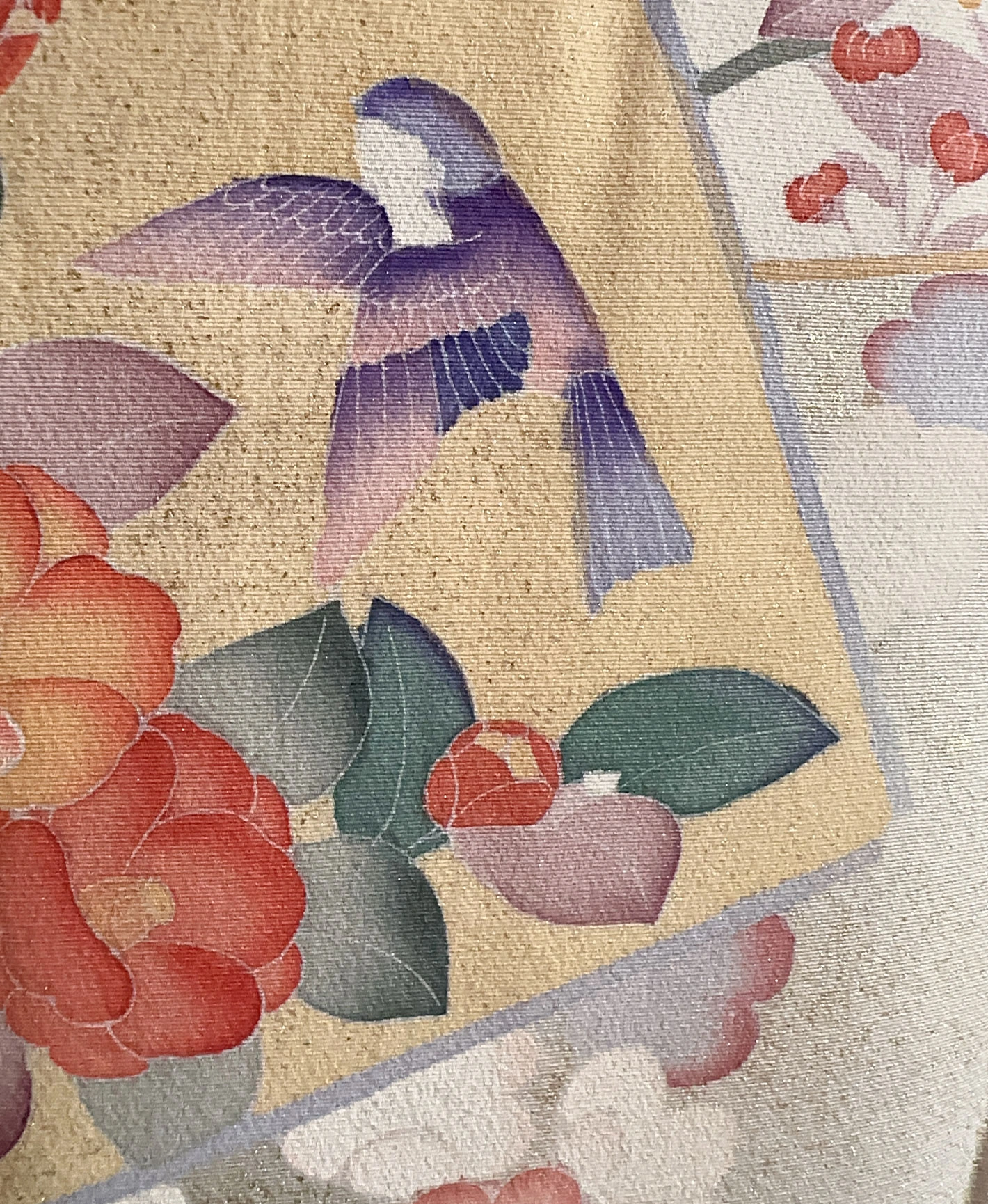 裏柳 綠系 暈し染め-金彩 枝梅 色紙花鳥文 訪問着レンタル - 画像 7