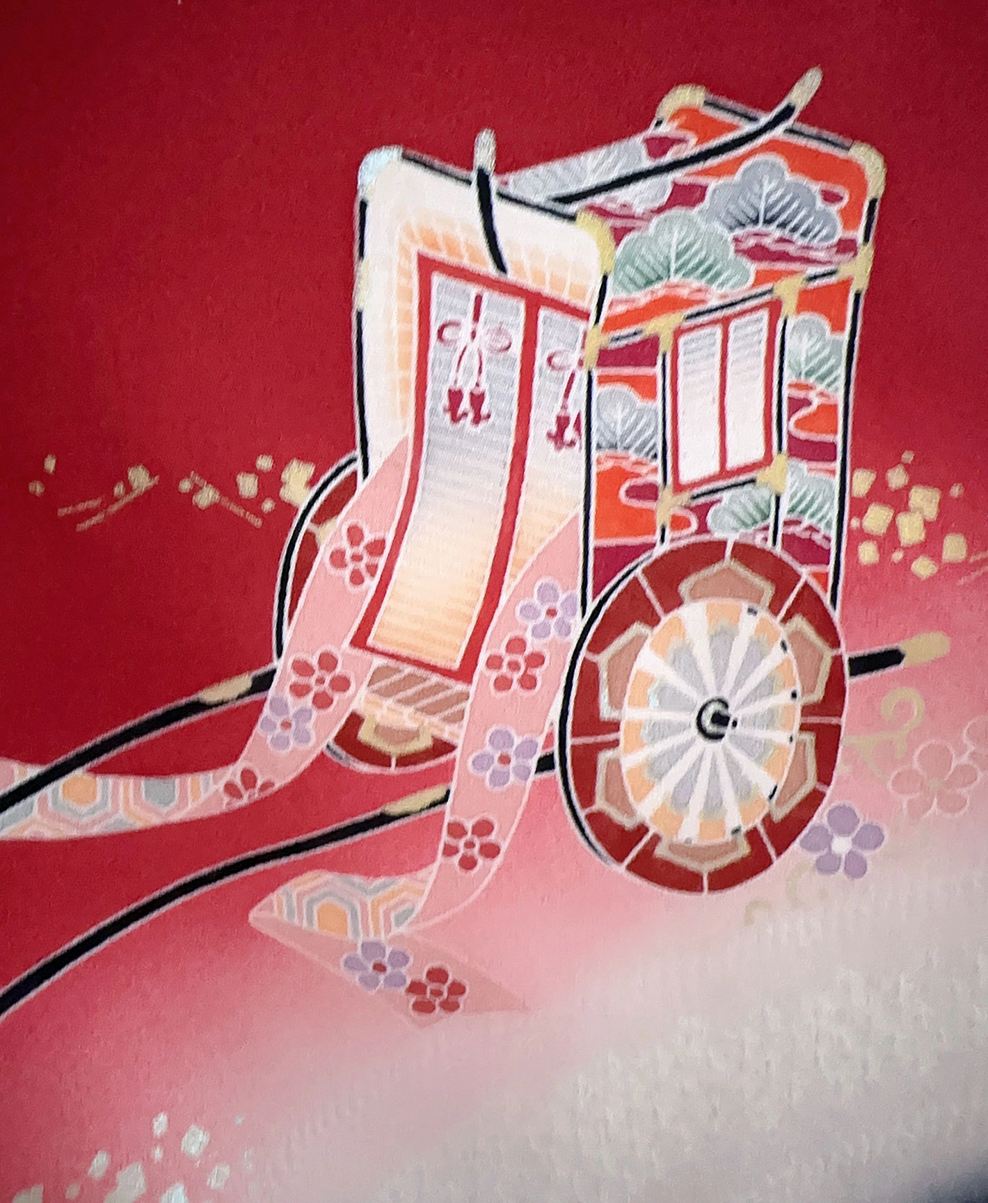 朱緋 赤系 暈し染め 駒刺繍 金彩 御所車 七宝 訪問着レンタル - 画像 8