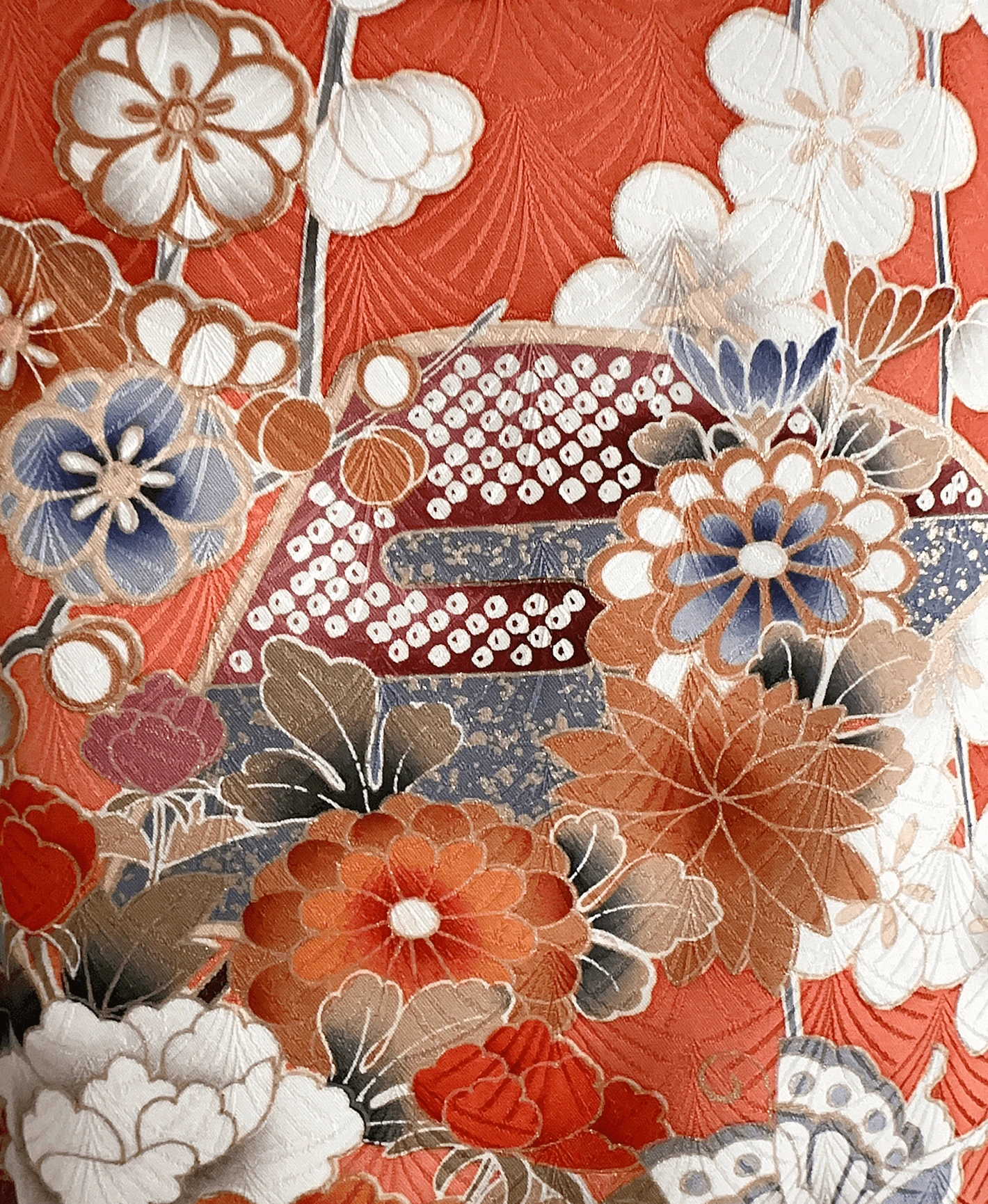 照柿 橙系 暈し染め 駒刺繍 金彩 枝梅 花束 流水 蝶 訪問着レンタル - 画像 6