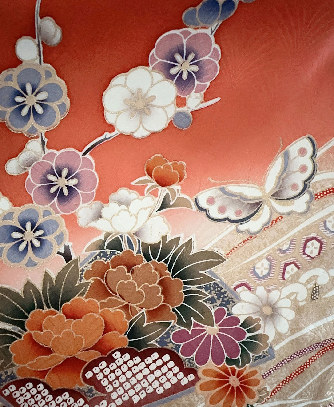 照柿 橙系 暈し染め 駒刺繍 金彩 枝梅 花束 流水 蝶 訪問着レンタル - 画像 9