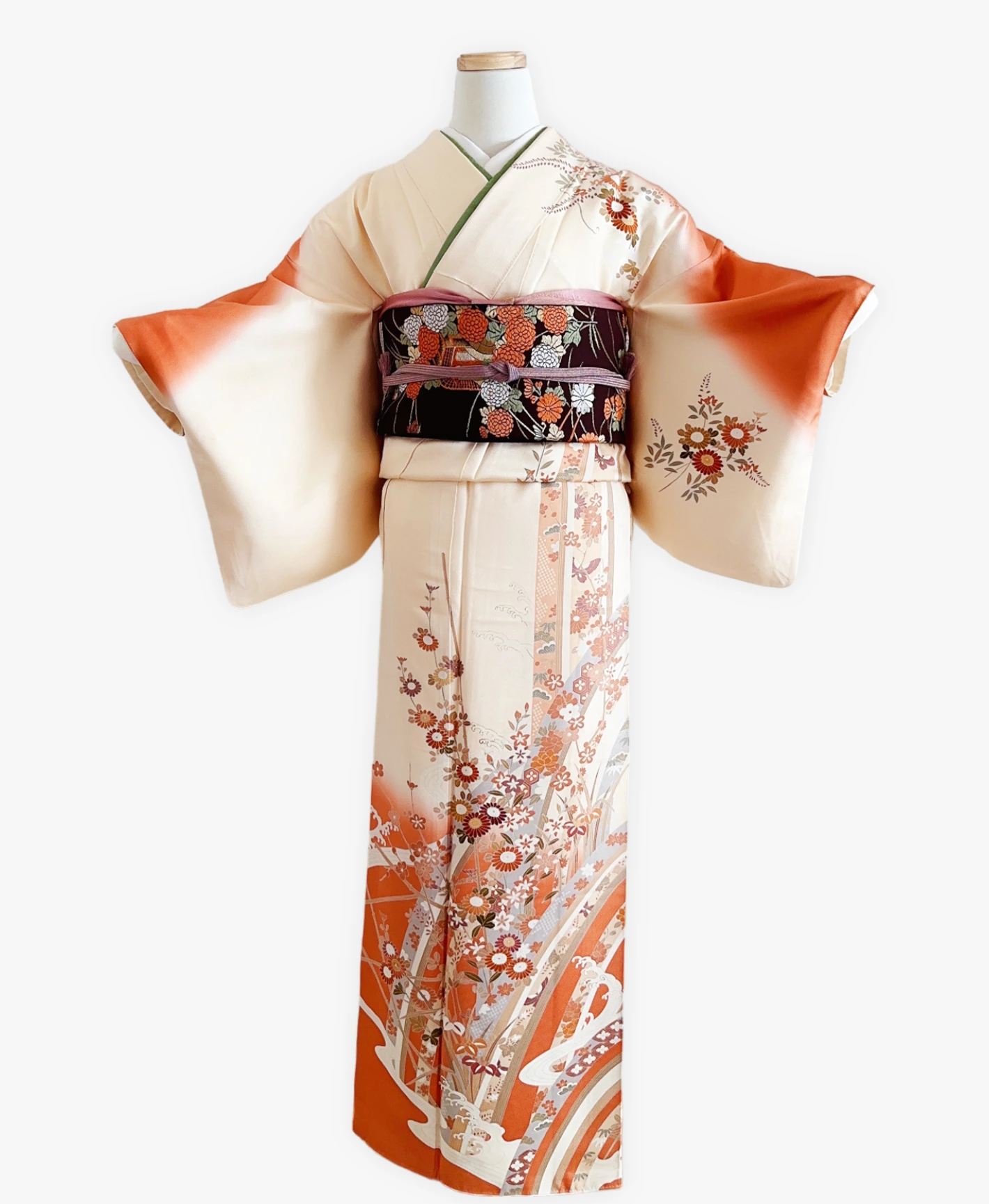 薄卵色 黄系 暈し染め 菊 花草 春秋 熨斗 訪問着レンタル - 画像 1