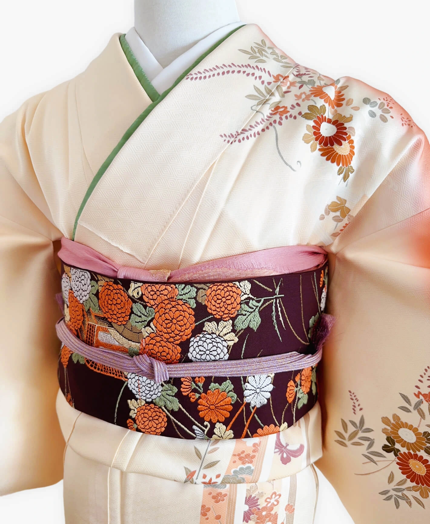 薄卵色 黄系 暈し染め 菊 花草 春秋 熨斗 訪問着レンタル - 画像 3
