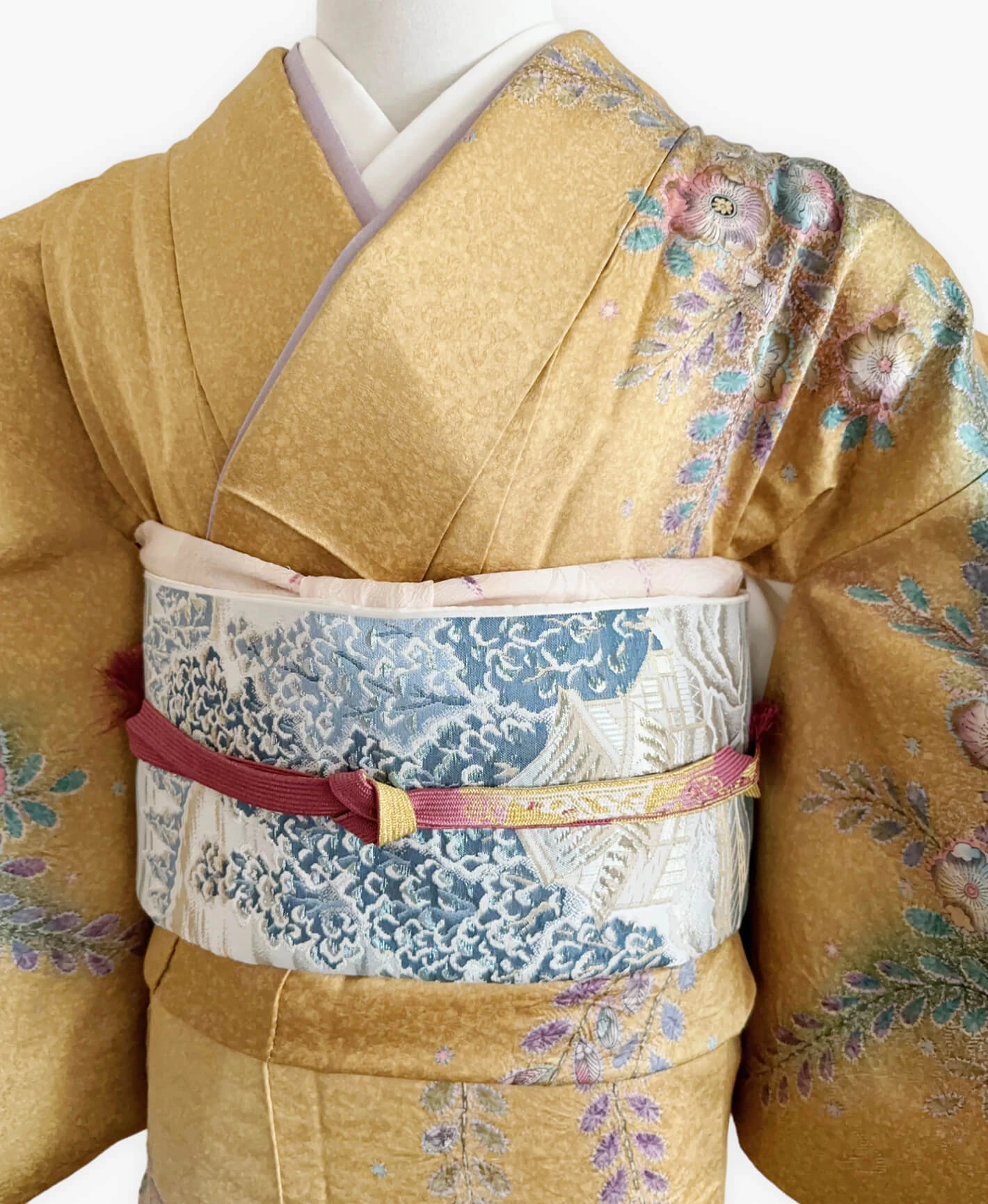 山吹茶 黃色系 暈し染め 金彩 手描き 絞り 辻が花 訪問着レンタル - 画像 3