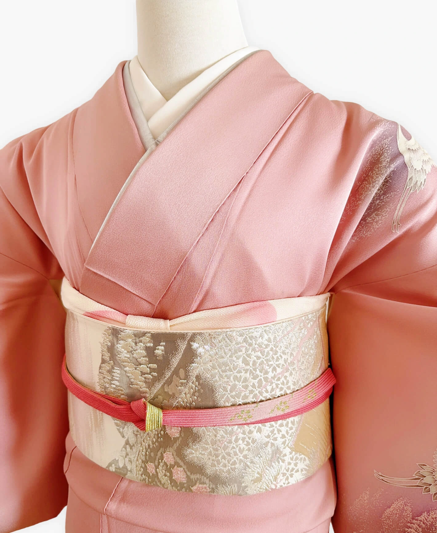 薄柿 ピンク系 暈し染め 金彩 遠山 鶴 訪問着レンタル - 画像 3