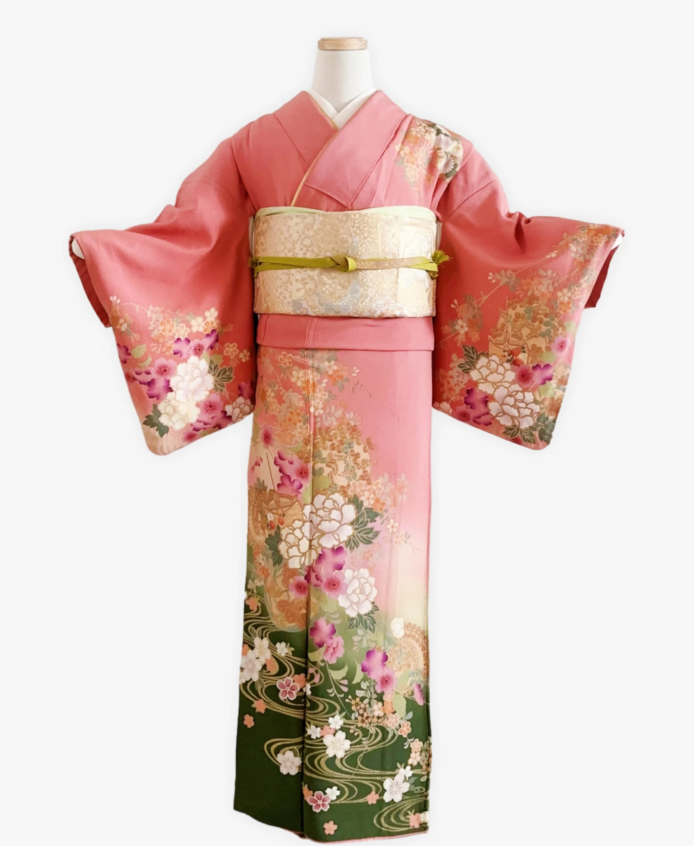 薄紅梅 ピンク系 暈し染め 金彩 牡丹 桜 流水 訪問着レンタル - 画像 1