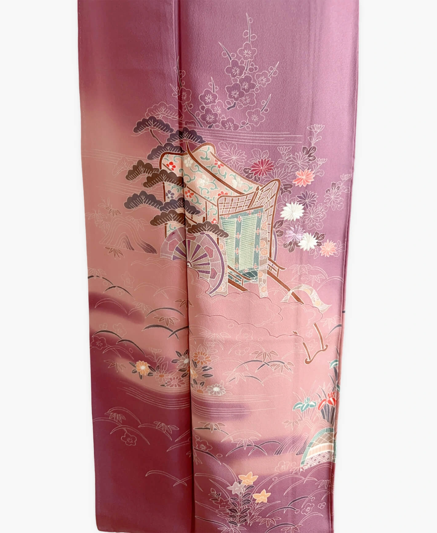 若紫 紫系 暈し染め 駒刺繍 金彩 松 菊 檜扇 御所車 訪問着レンタル - 画像 5