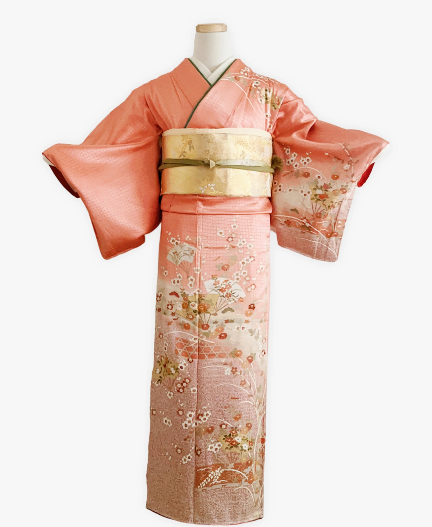 甚三紅 赤系 暈し染め 金彩 扇 菊 花草 訪問着レンタル - 画像 1