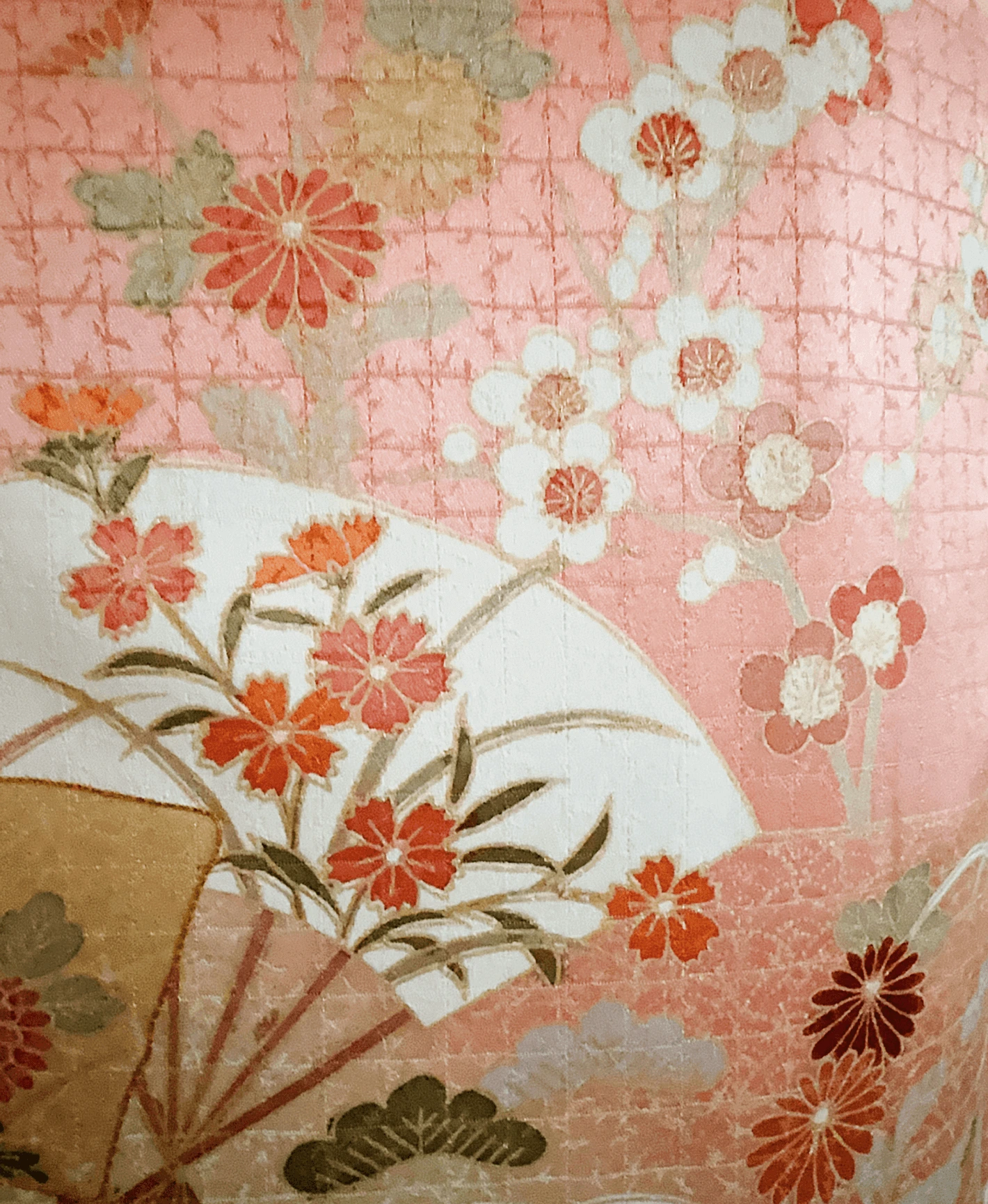 甚三紅 赤系 暈し染め 金彩 扇 菊 花草 訪問着レンタル - 画像 6