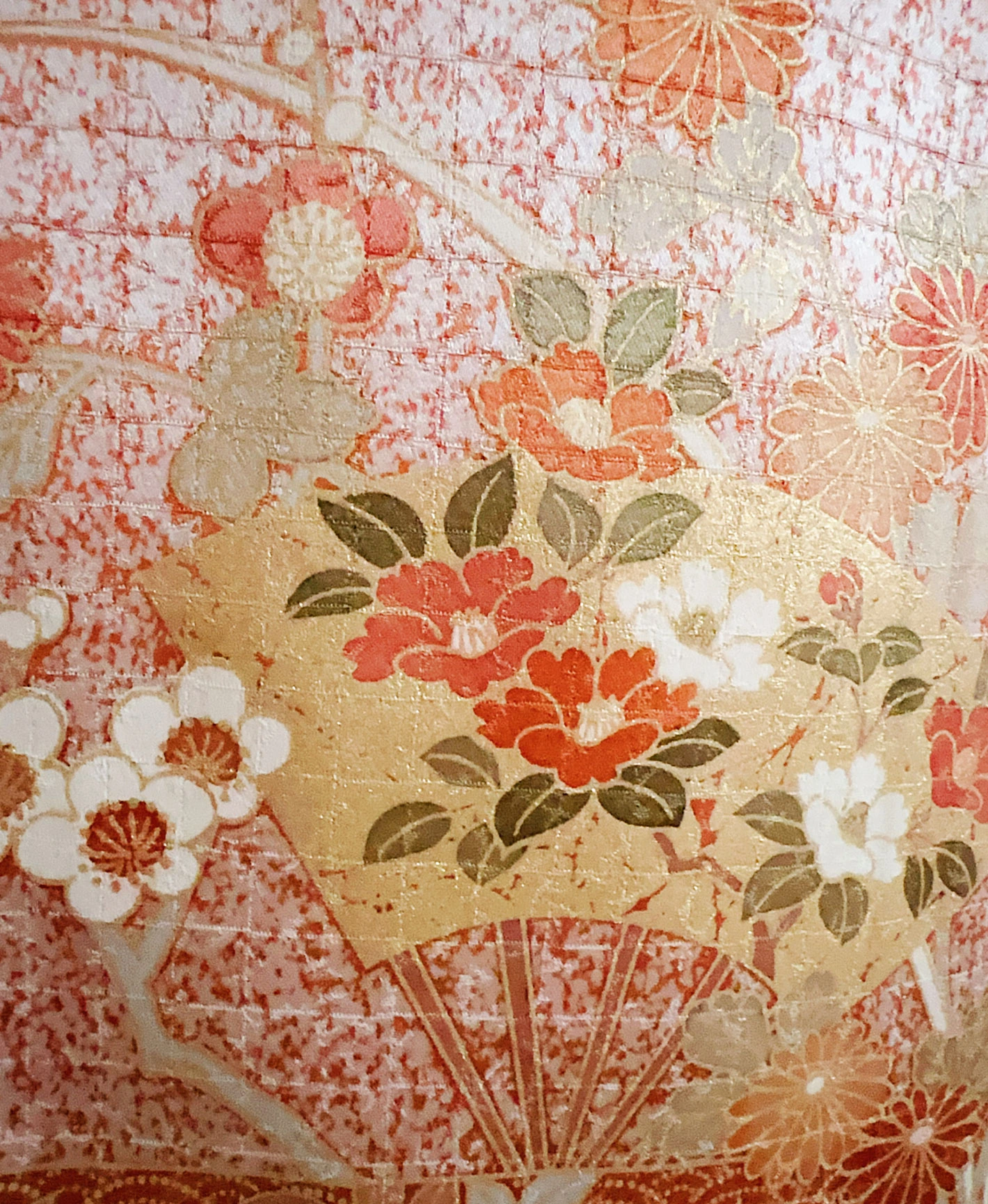 甚三紅 赤系 暈し染め 金彩 扇 菊 花草 訪問着レンタル - 画像 7