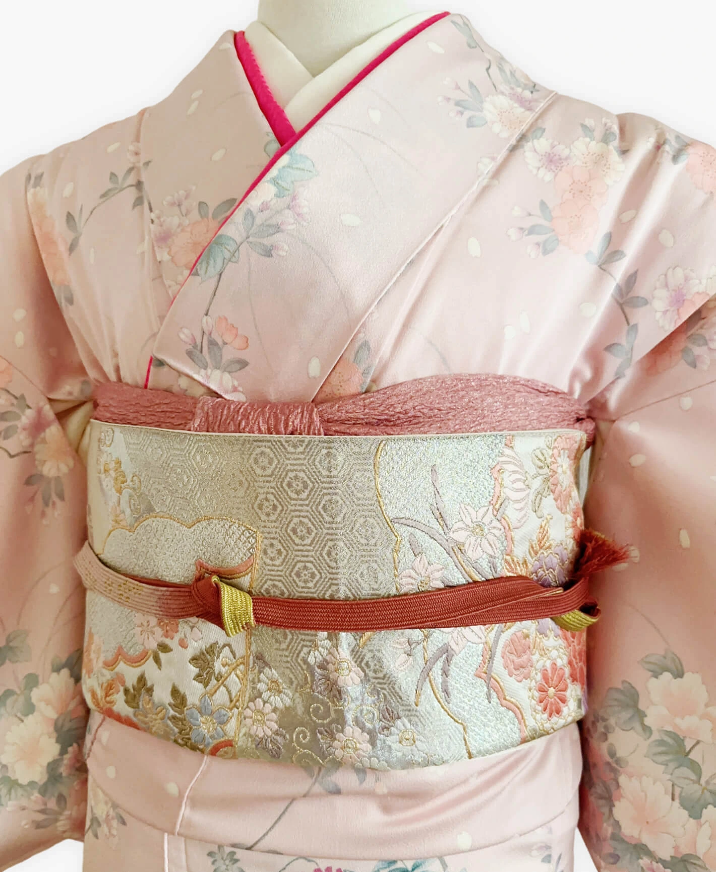 虹色 ピンク系 暈し染め 金彩 手描き 花鳥 訪問着レンタル - 画像 3