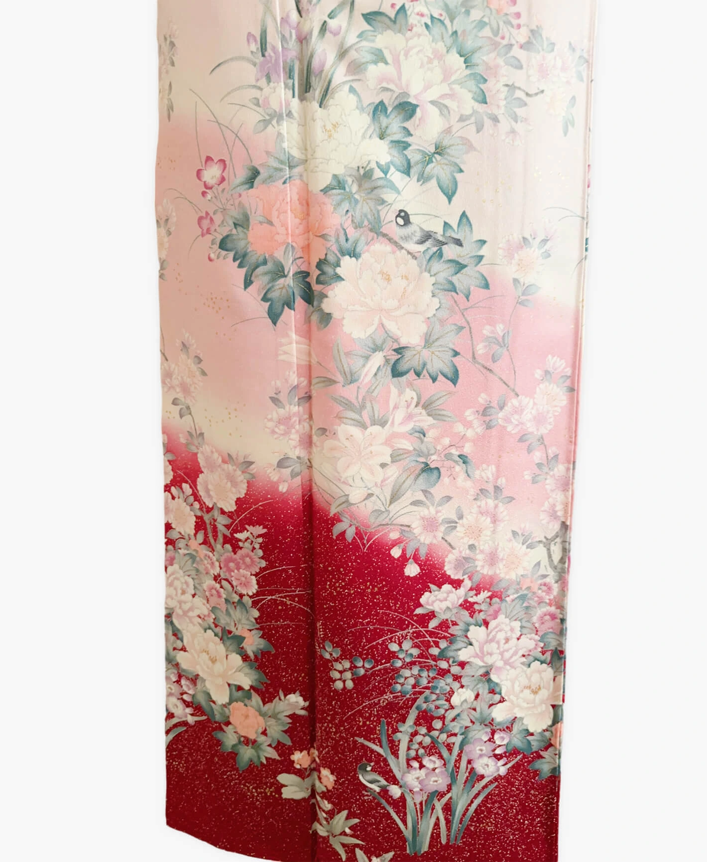 虹色 ピンク系 暈し染め 金彩 手描き 花鳥 訪問着レンタル - 画像 5