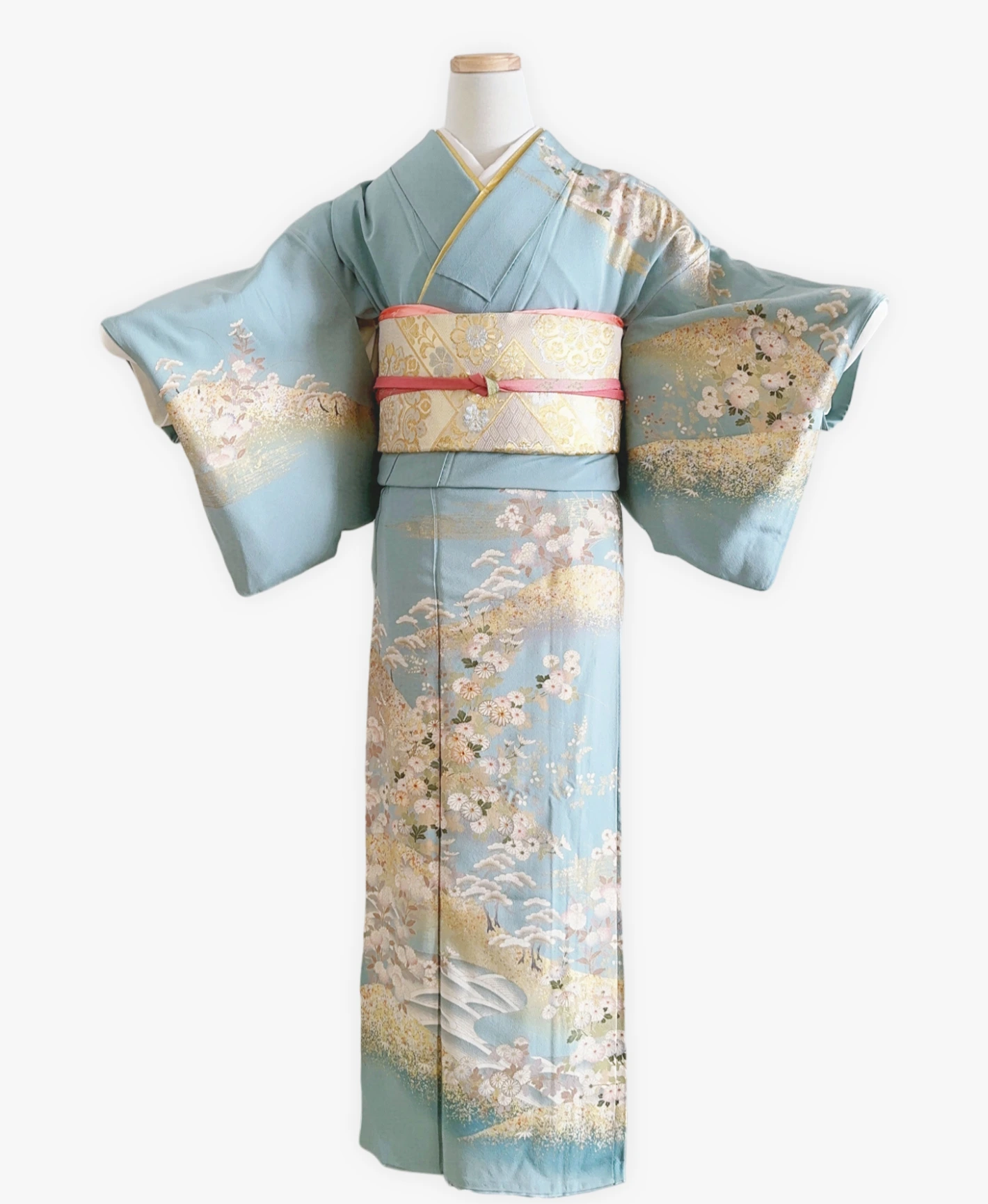空色 青系 駒刺繍 金彩 菊 遠山 風景 訪問着レンタル - 画像 1