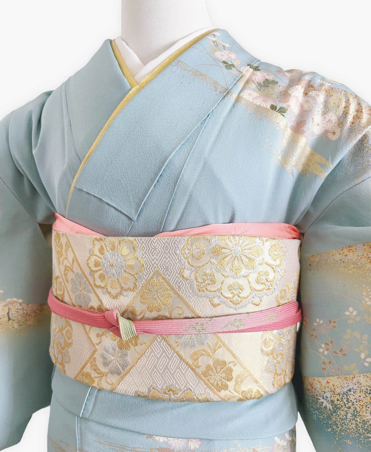 空色 青系 駒刺繍 金彩 菊 遠山 風景 訪問着レンタル - 画像 3