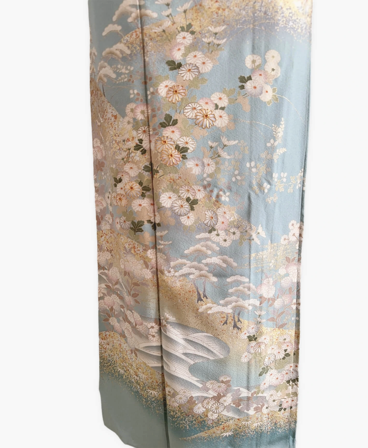 空色 青系 駒刺繍 金彩 菊 遠山 風景 訪問着レンタル - 画像 5