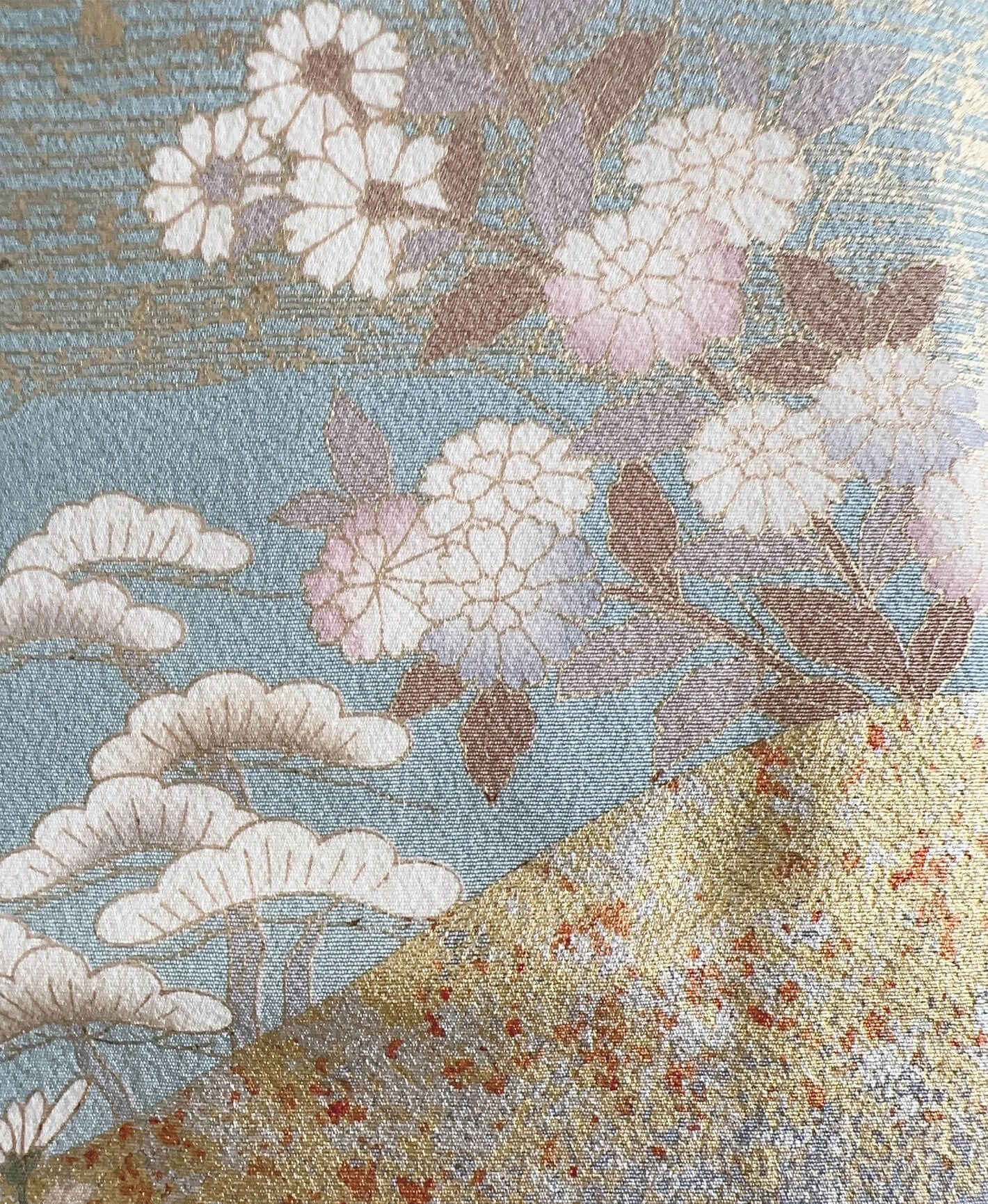 空色 青系 駒刺繍 金彩 菊 遠山 風景 訪問着レンタル - 画像 7