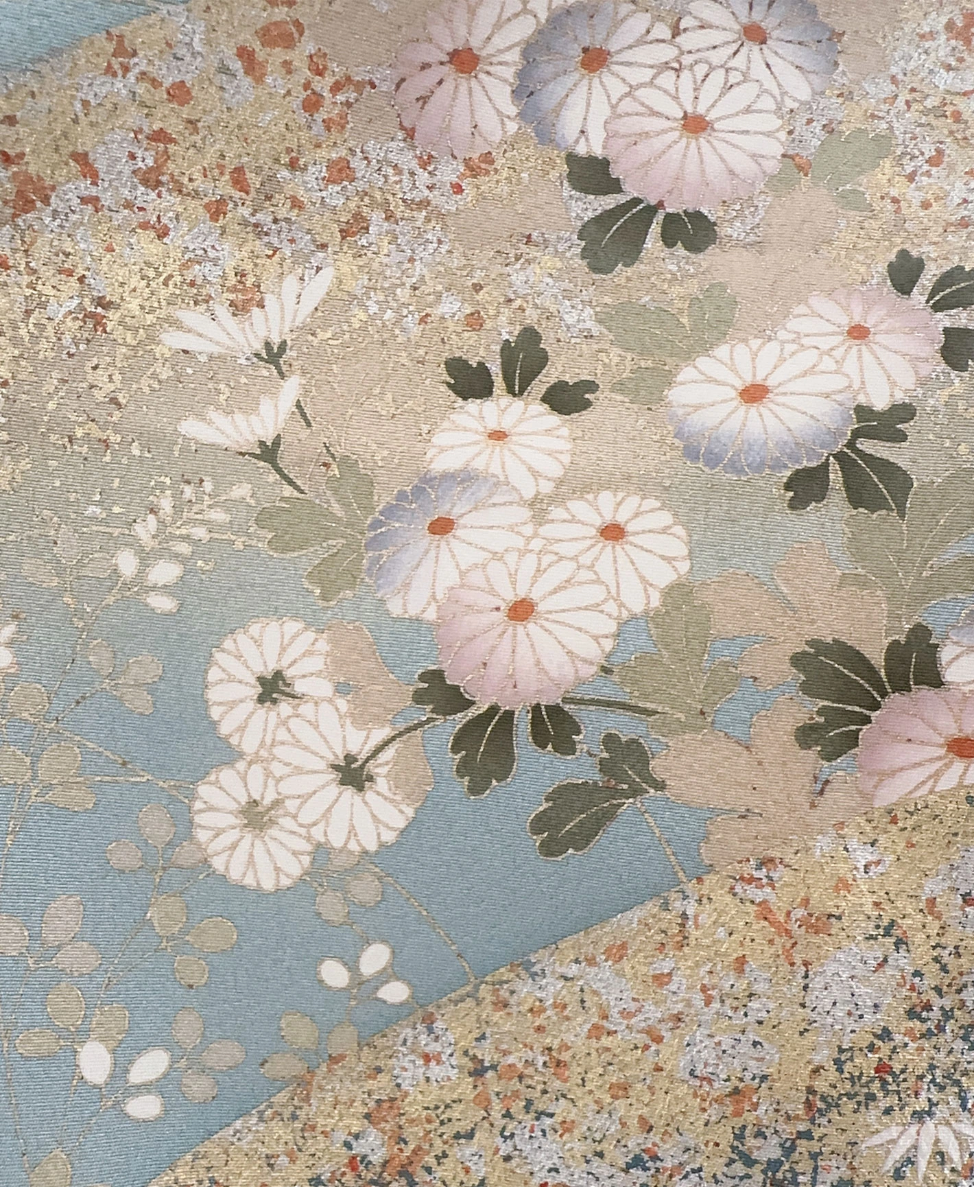 空色 青系 駒刺繍 金彩 菊 遠山 風景 訪問着レンタル - 画像 9