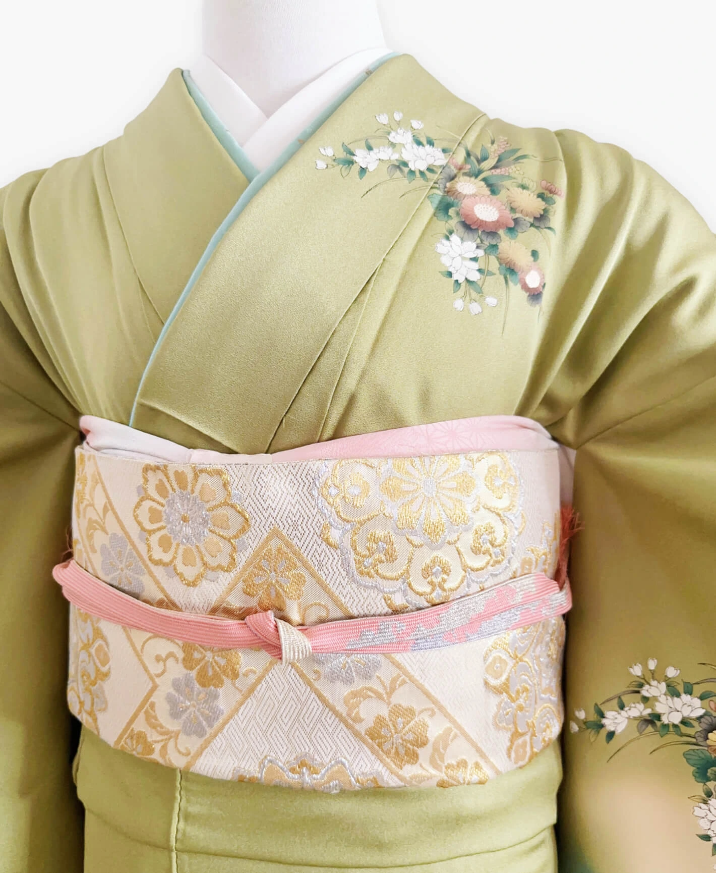 若葉色 緑系 暈し染め 駒刺繍 金彩 牡丹 花瓶 熨斗 訪問着レンタル - 画像 3