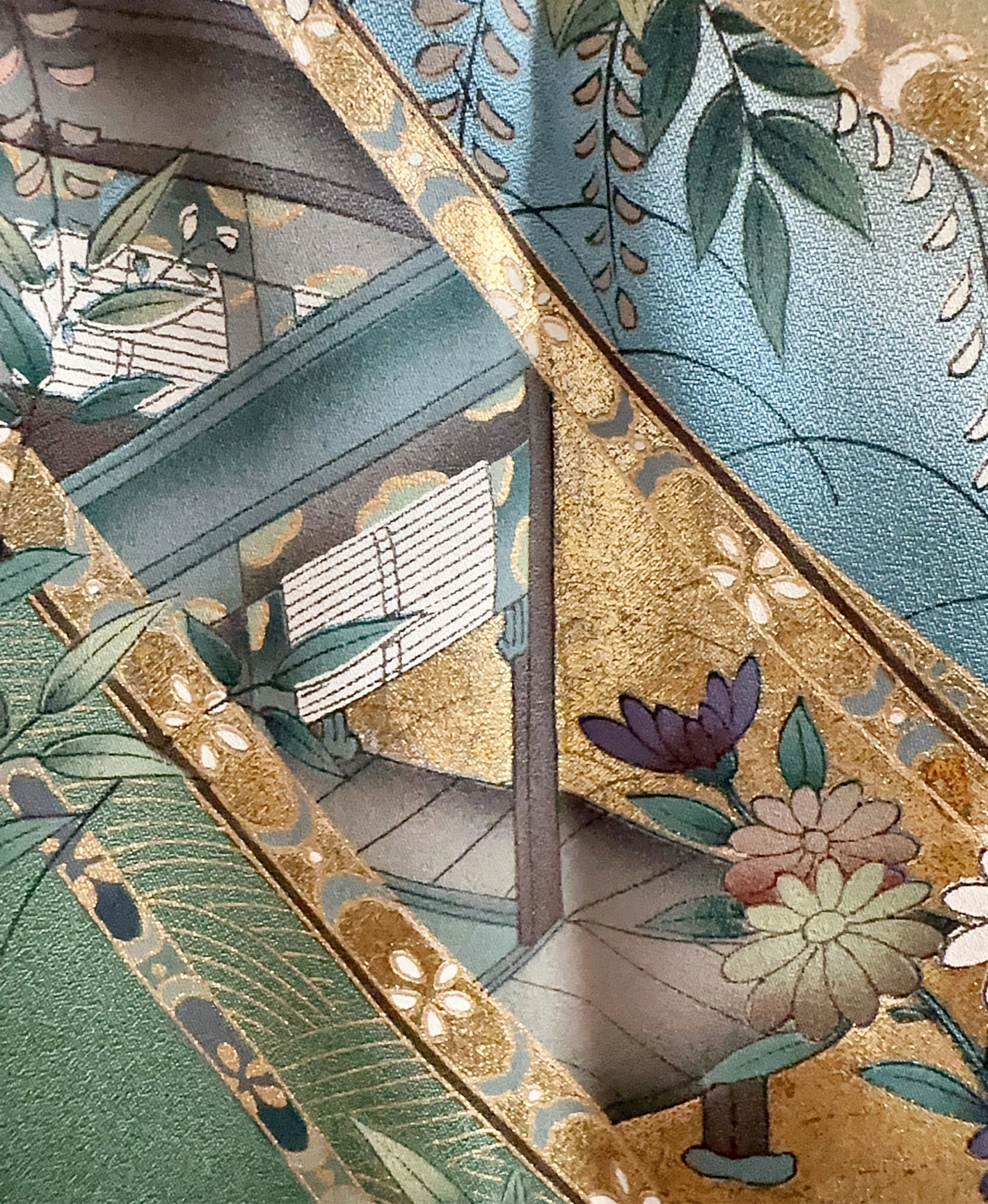 若葉色 緑系 暈し染め 駒刺繍 金彩 牡丹 花瓶 熨斗 訪問着レンタル - 画像 8