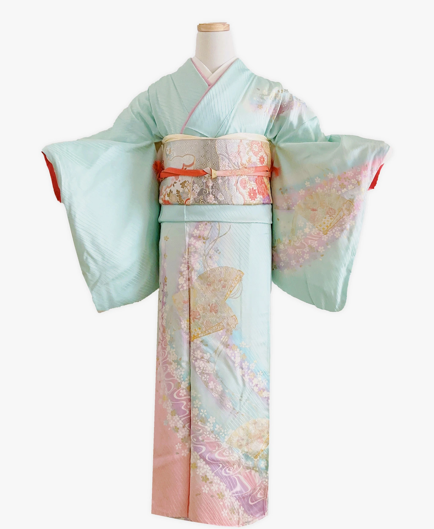 瓶覗 青系 暈し染め 金彩 桜 流水 檜扇 訪問着レンタル - 画像 1