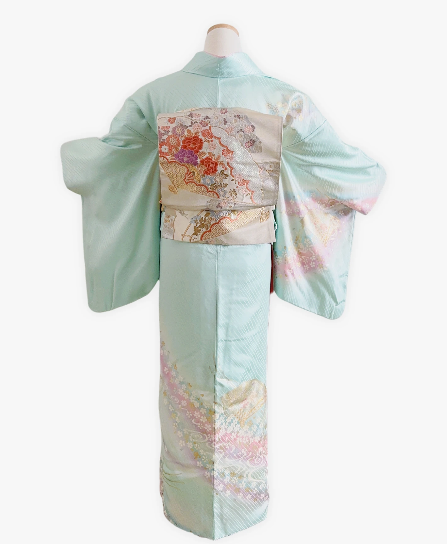 瓶覗 青系 暈し染め 金彩 桜 流水 檜扇 訪問着レンタル - 画像 2