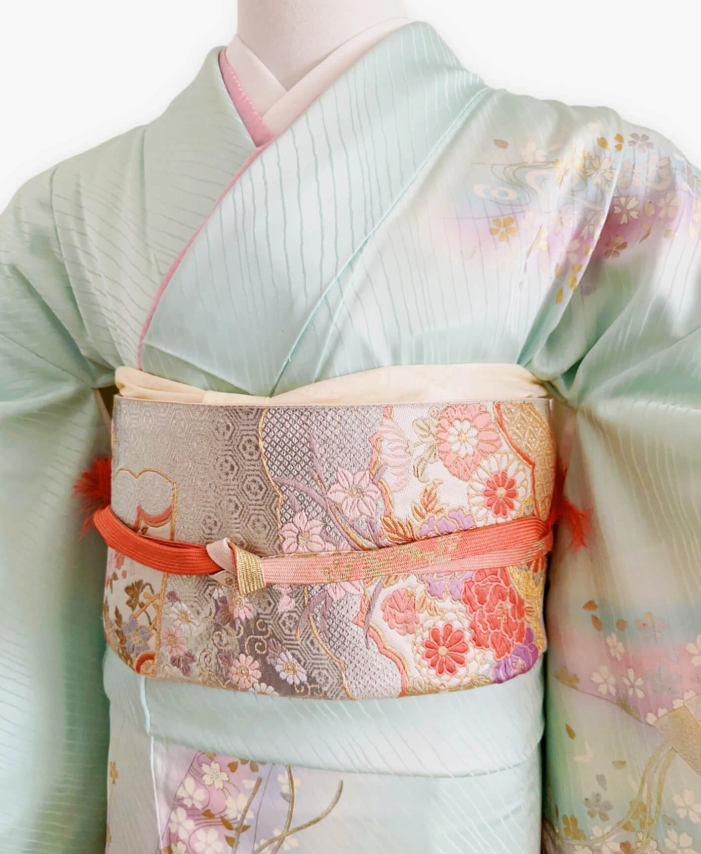 瓶覗 青系 暈し染め 金彩 桜 流水 檜扇 訪問着レンタル - 画像 3