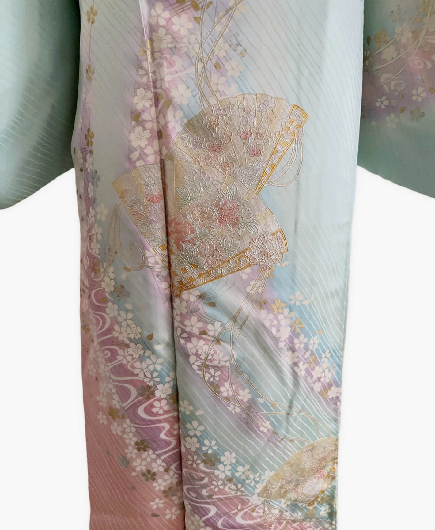 瓶覗 青系 暈し染め 金彩 桜 流水 檜扇 訪問着レンタル - 画像 5