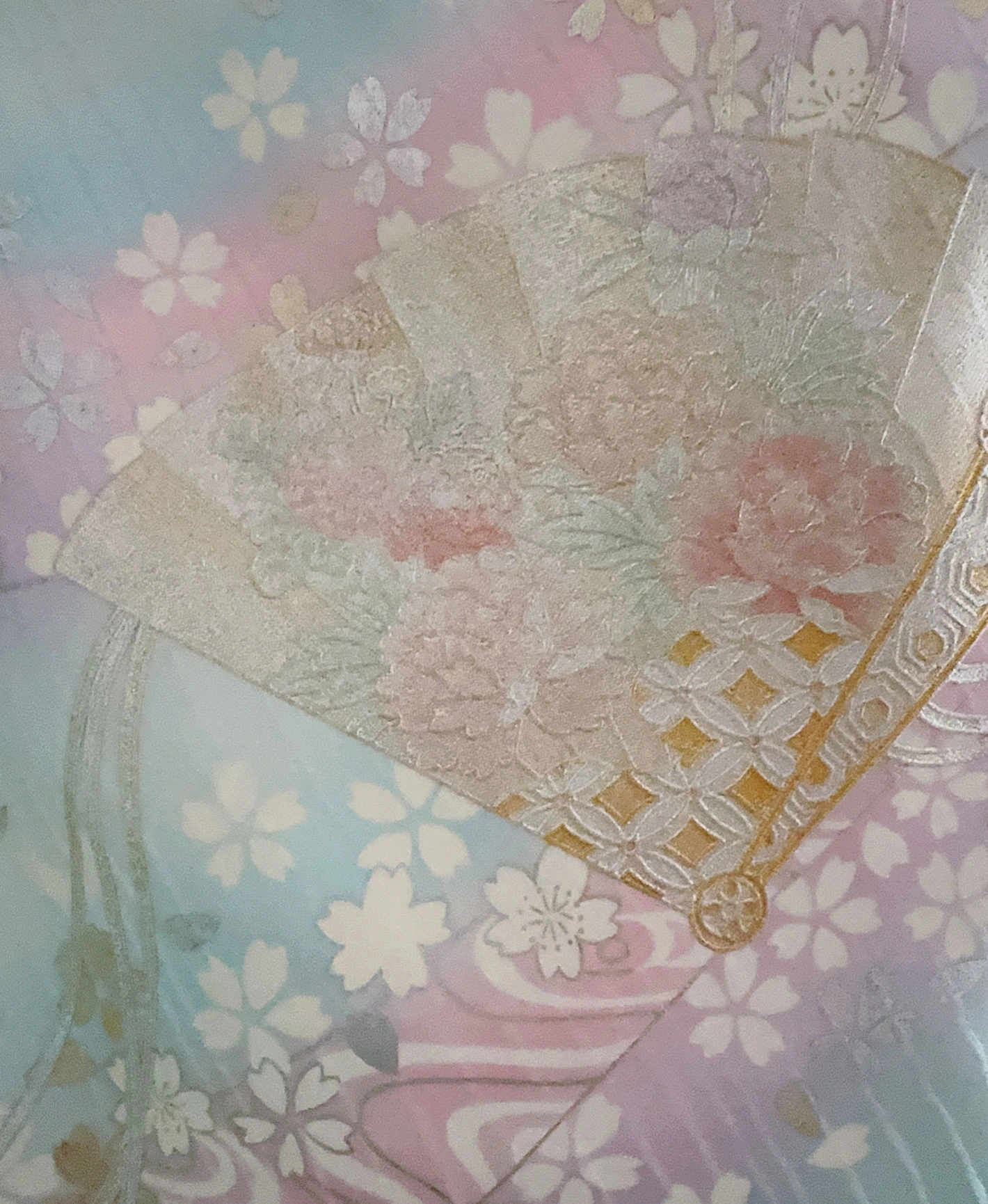 瓶覗 青系 暈し染め 金彩 桜 流水 檜扇 訪問着レンタル - 画像 9