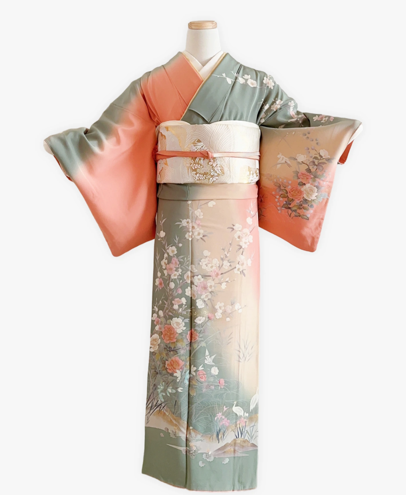 深川鼠 緑系 暈し染め 金彩 牡丹 花草 鷺 風景 訪問着レンタル - 画像 1