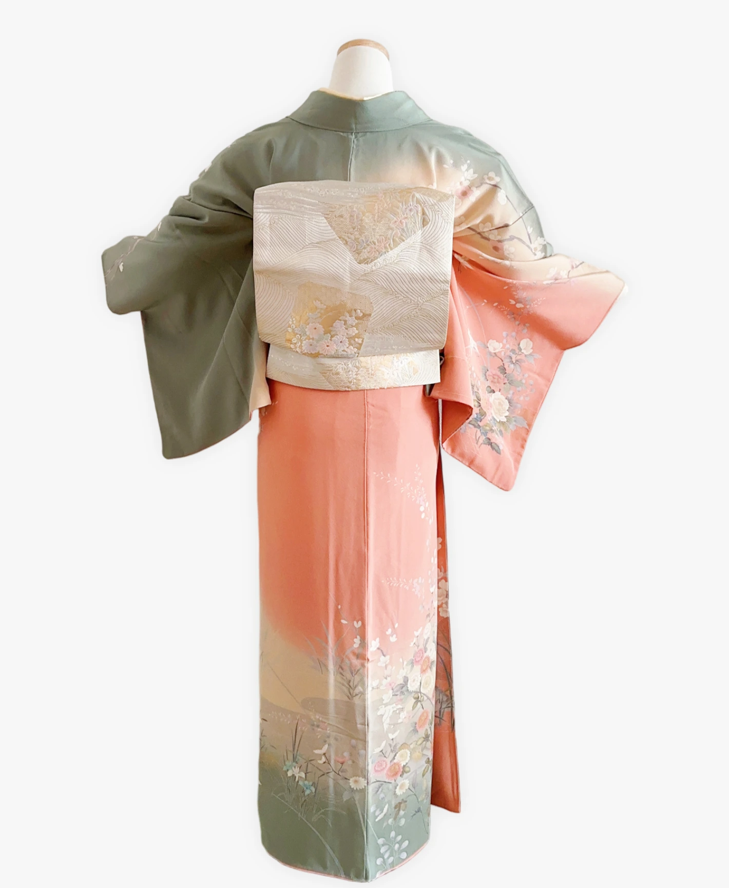 深川鼠 緑系 暈し染め 金彩 牡丹 花草 鷺 風景 訪問着レンタル - 画像 2