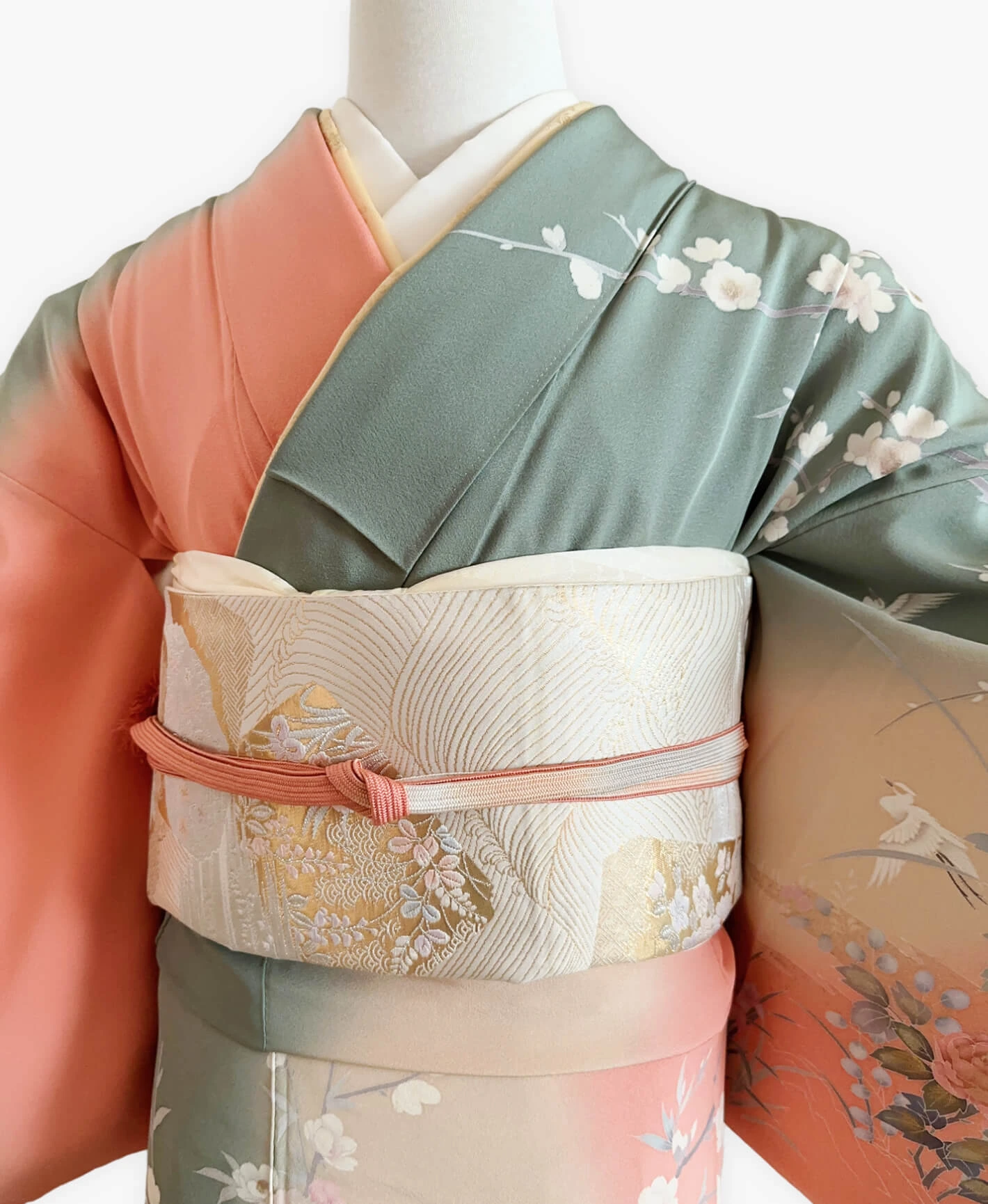 深川鼠 緑系 暈し染め 金彩 牡丹 花草 鷺 風景 訪問着レンタル - 画像 3