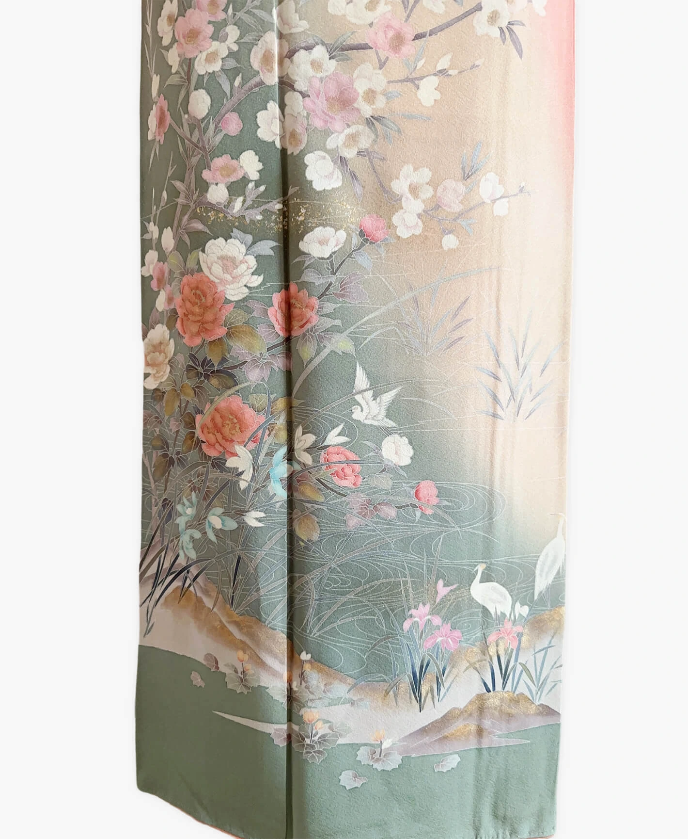 深川鼠 緑系 暈し染め 金彩 牡丹 花草 鷺 風景 訪問着レンタル - 画像 5