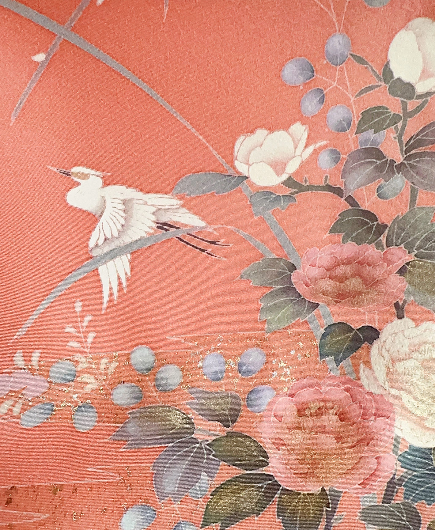 深川鼠 緑系 暈し染め 金彩 牡丹 花草 鷺 風景 訪問着レンタル - 画像 7