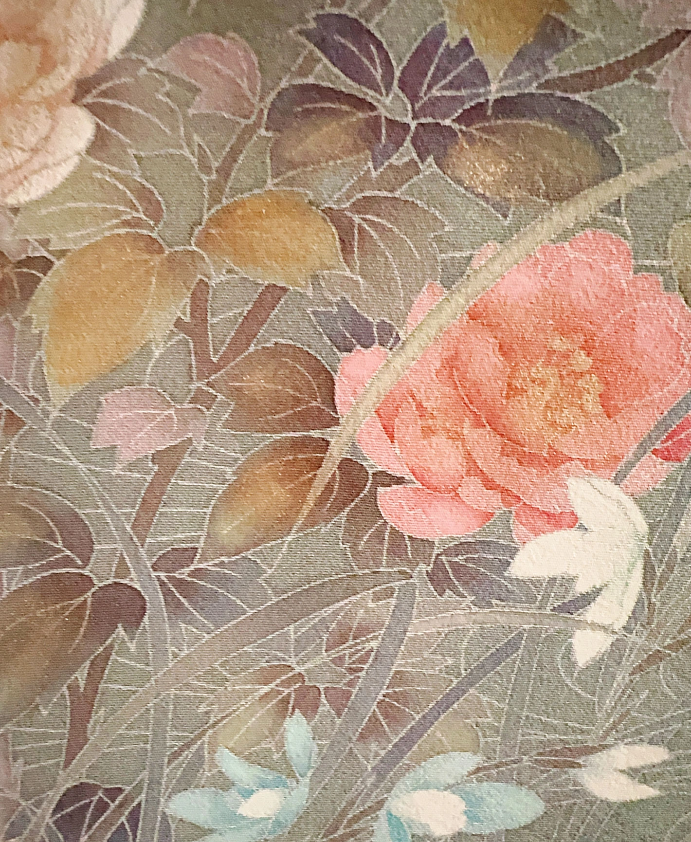 深川鼠 緑系 暈し染め 金彩 牡丹 花草 鷺 風景 訪問着レンタル - 画像 8