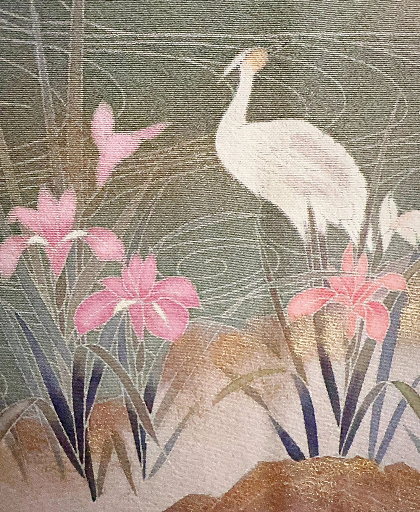 深川鼠 緑系 暈し染め 金彩 牡丹 花草 鷺 風景 訪問着レンタル - 画像 9