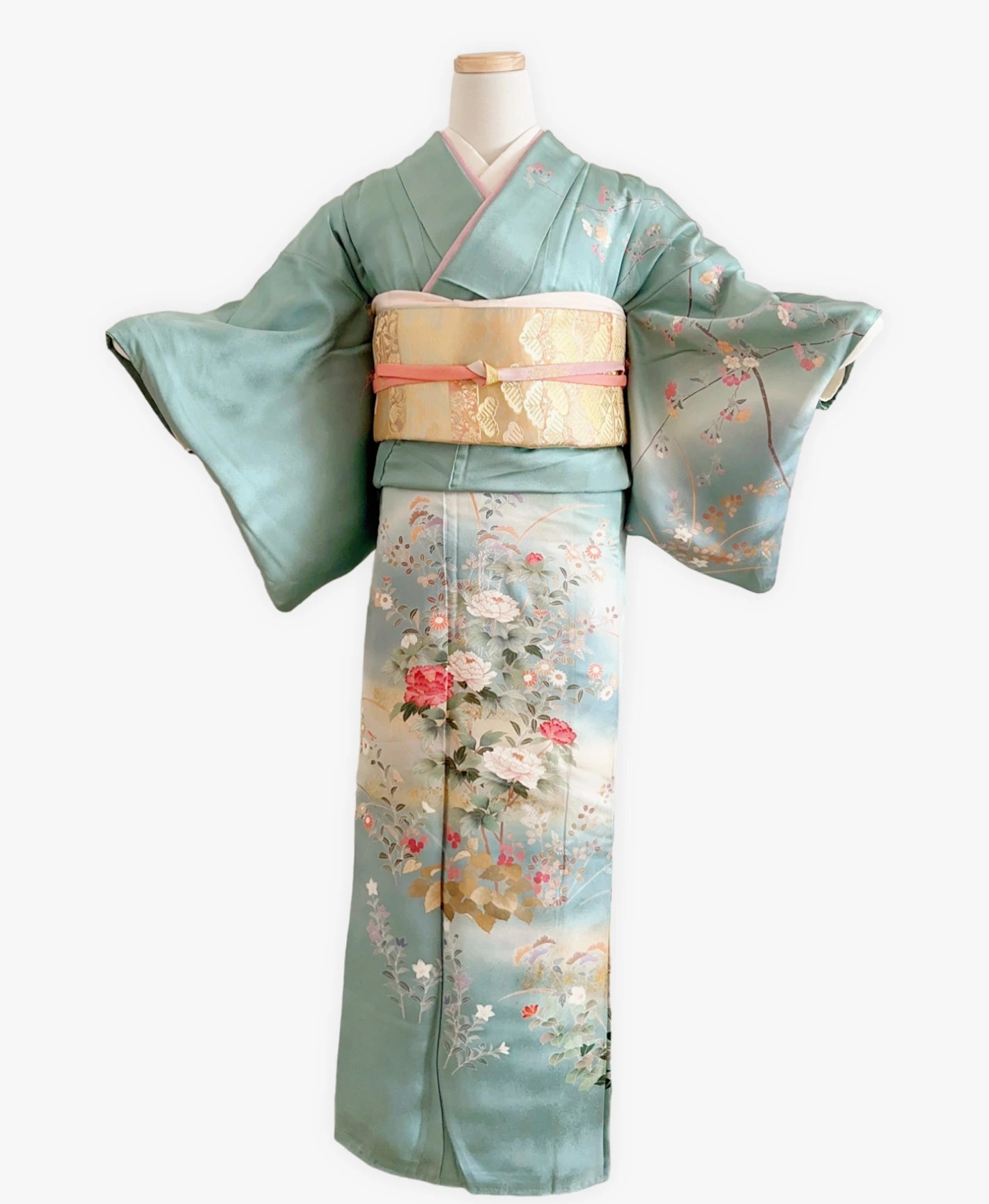 新橋色 青系 暈し染. 金彩 枝花文 作家物 訪問着レンタル - 画像 1