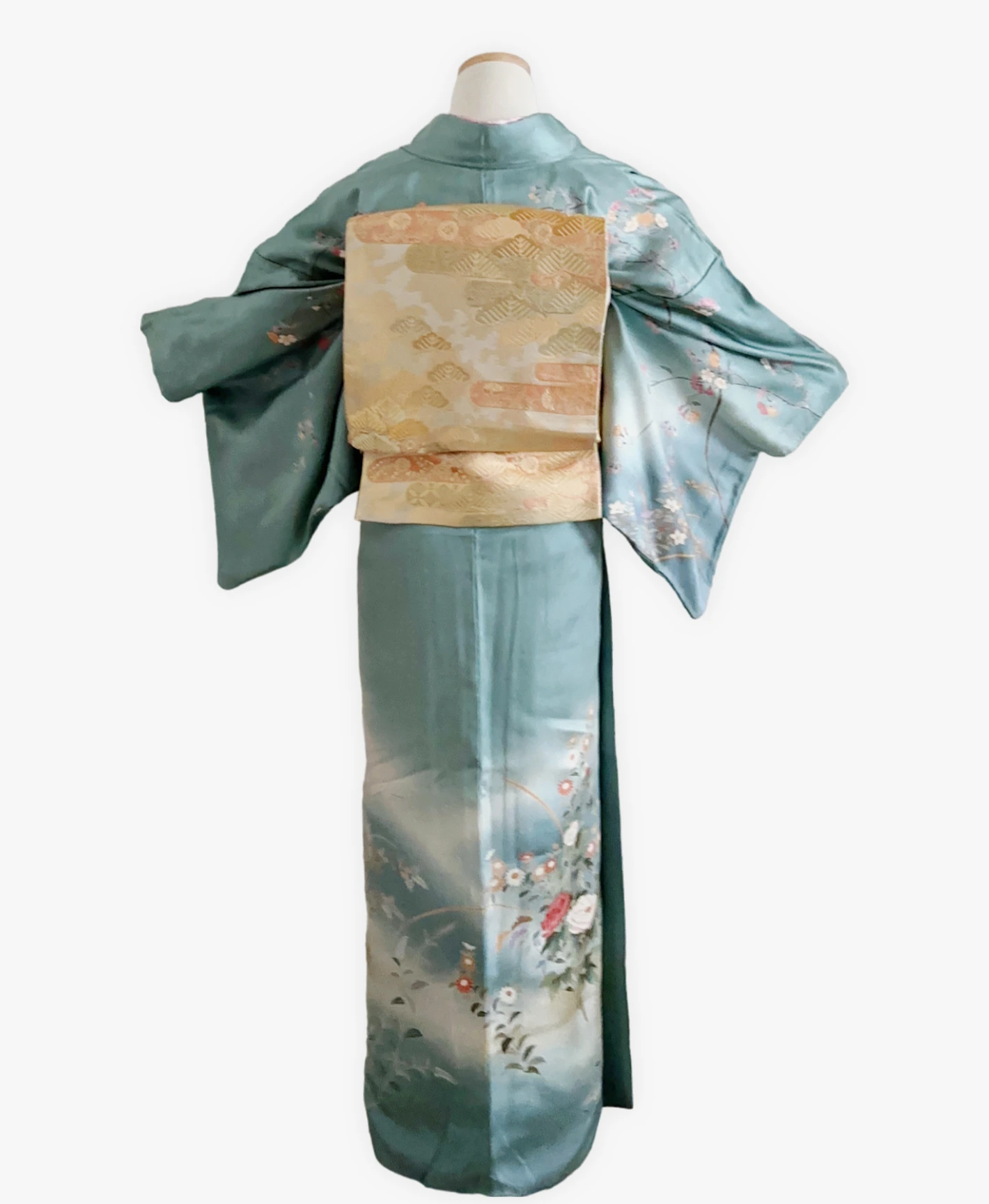 新橋色 青系 暈し染. 金彩 枝花文 作家物 訪問着レンタル - 画像 2