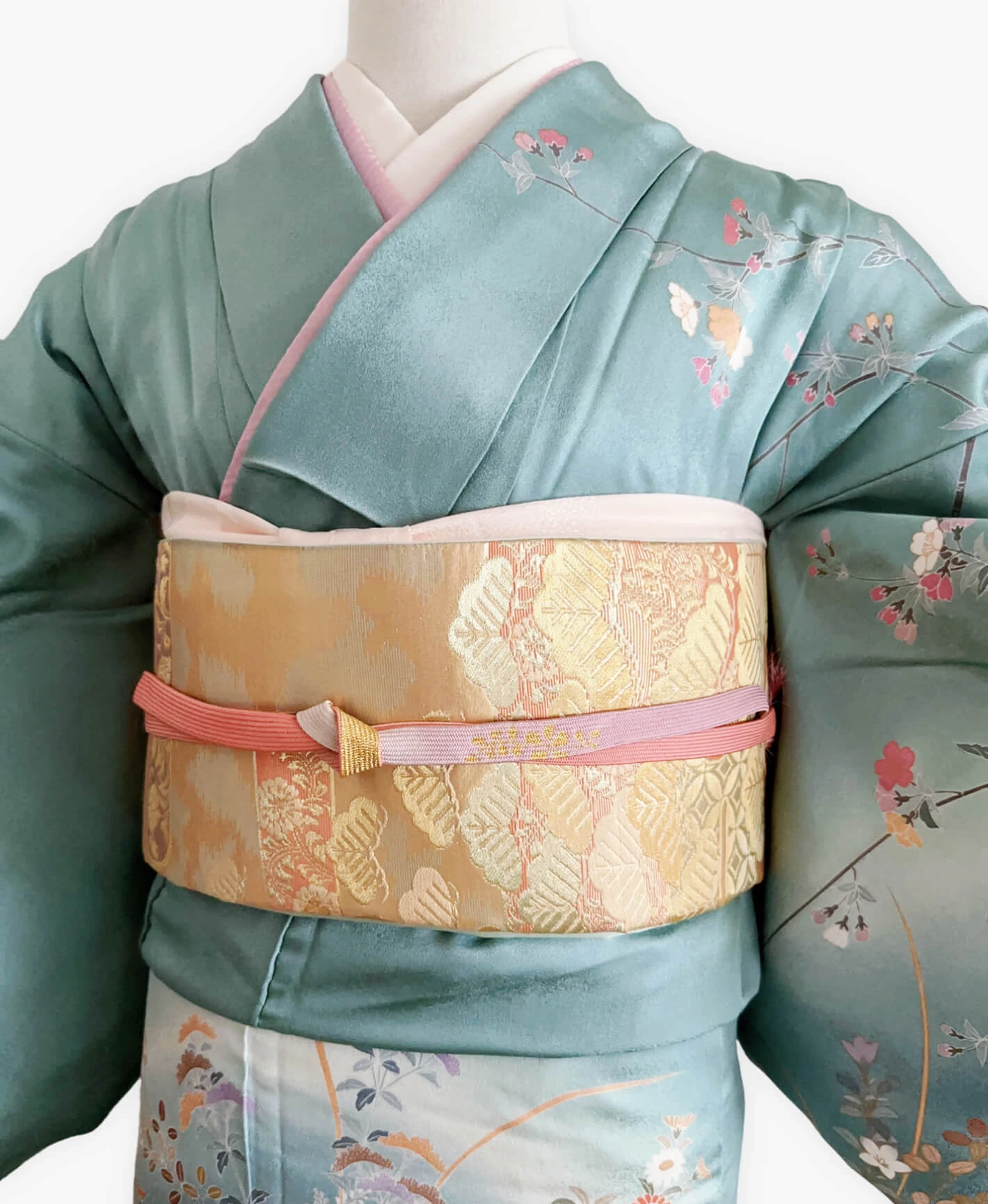 新橋色 青系 暈し染. 金彩 枝花文 作家物 訪問着レンタル - 画像 3