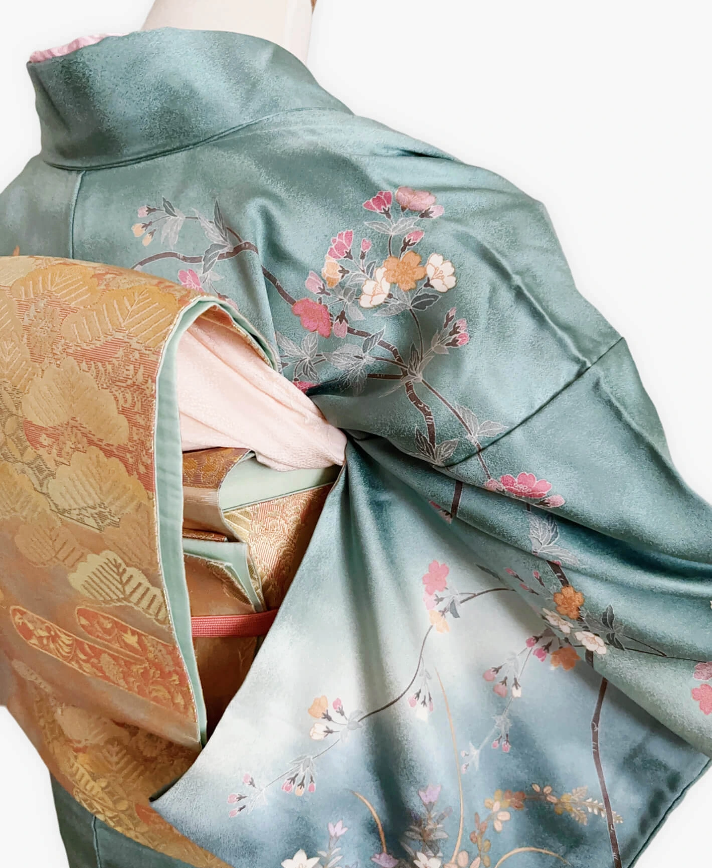 新橋色 青系 暈し染. 金彩 枝花文 作家物 訪問着レンタル - 画像 4
