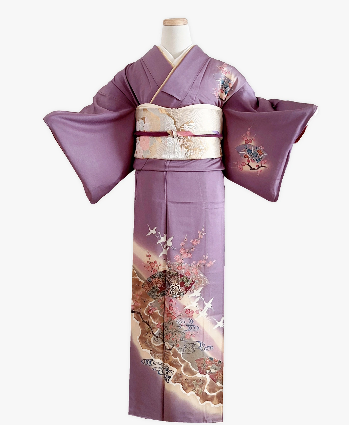 葡萄色 紫系 暈し染め 手描き 枝梅 扇 鶴 訪問着レンタル - 画像 1