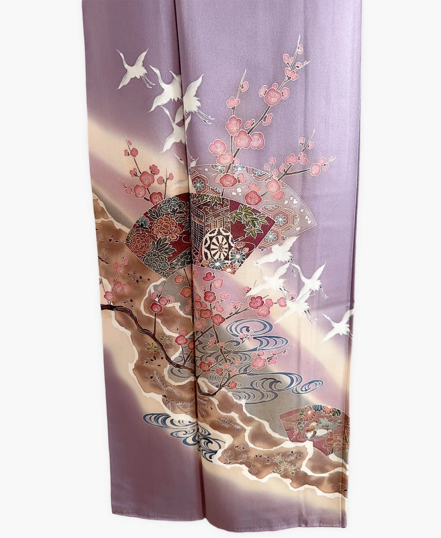 葡萄色 紫系 暈し染め 手描き 枝梅 扇 鶴 訪問着レンタル - 画像 5