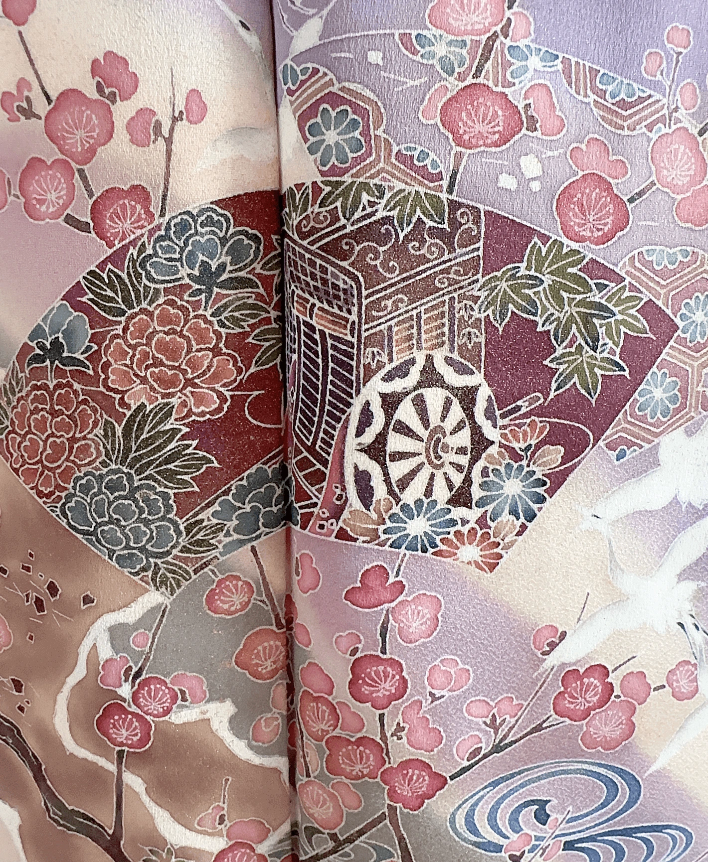 葡萄色 紫系 暈し染め 手描き 枝梅 扇 鶴 訪問着レンタル - 画像 6