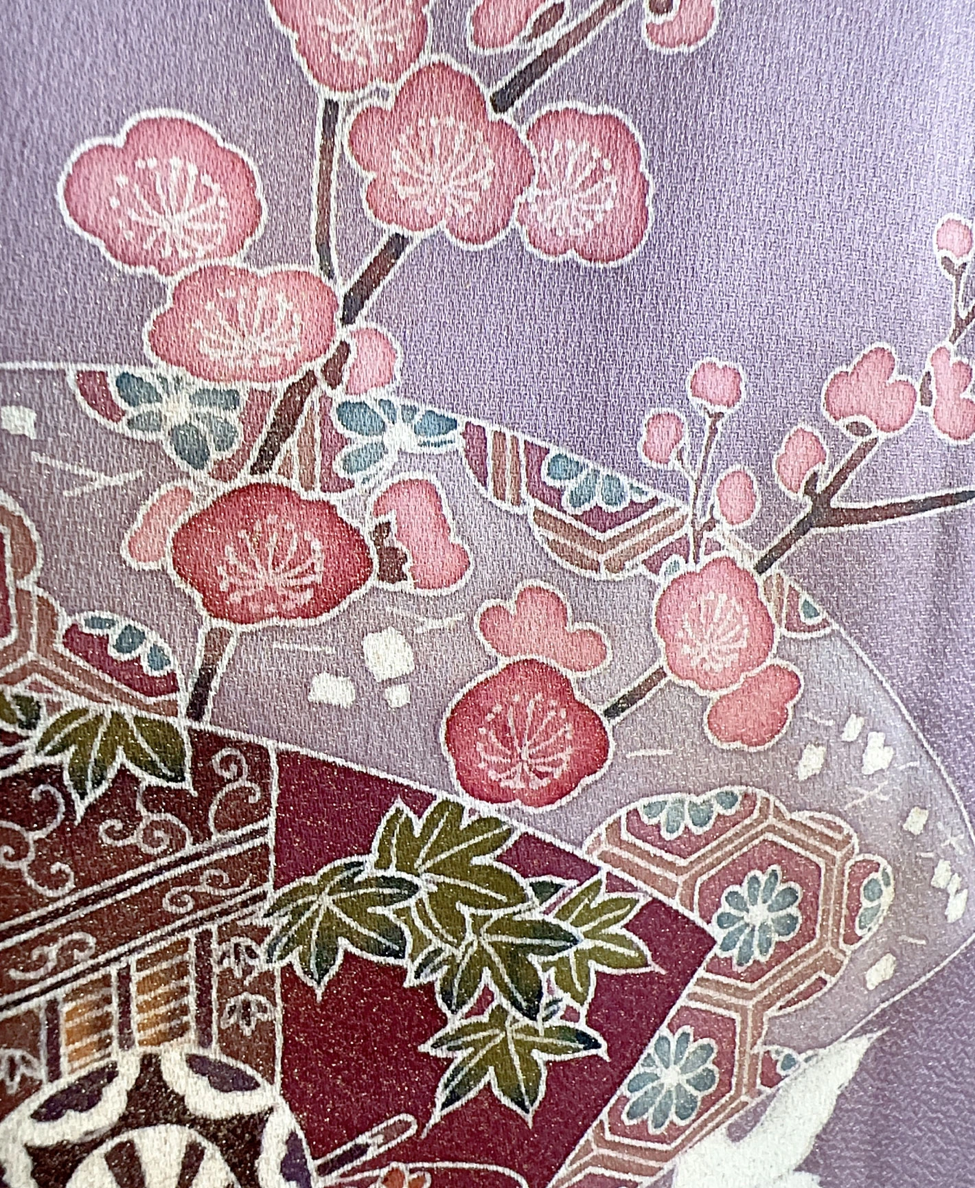 葡萄色 紫系 暈し染め 手描き 枝梅 扇 鶴 訪問着レンタル - 画像 8