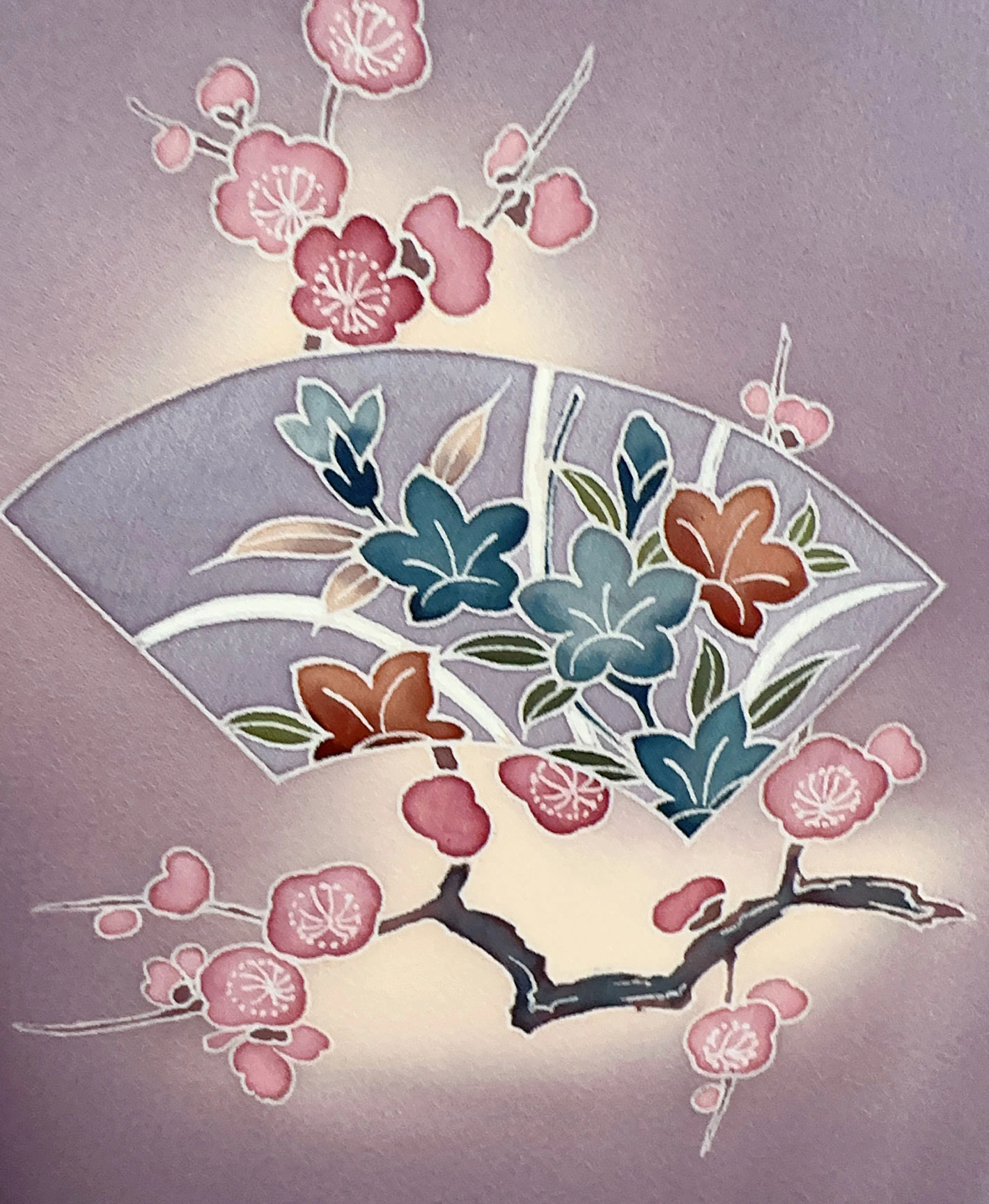 葡萄色 紫系 暈し染め 手描き 枝梅 扇 鶴 訪問着レンタル - 画像 9